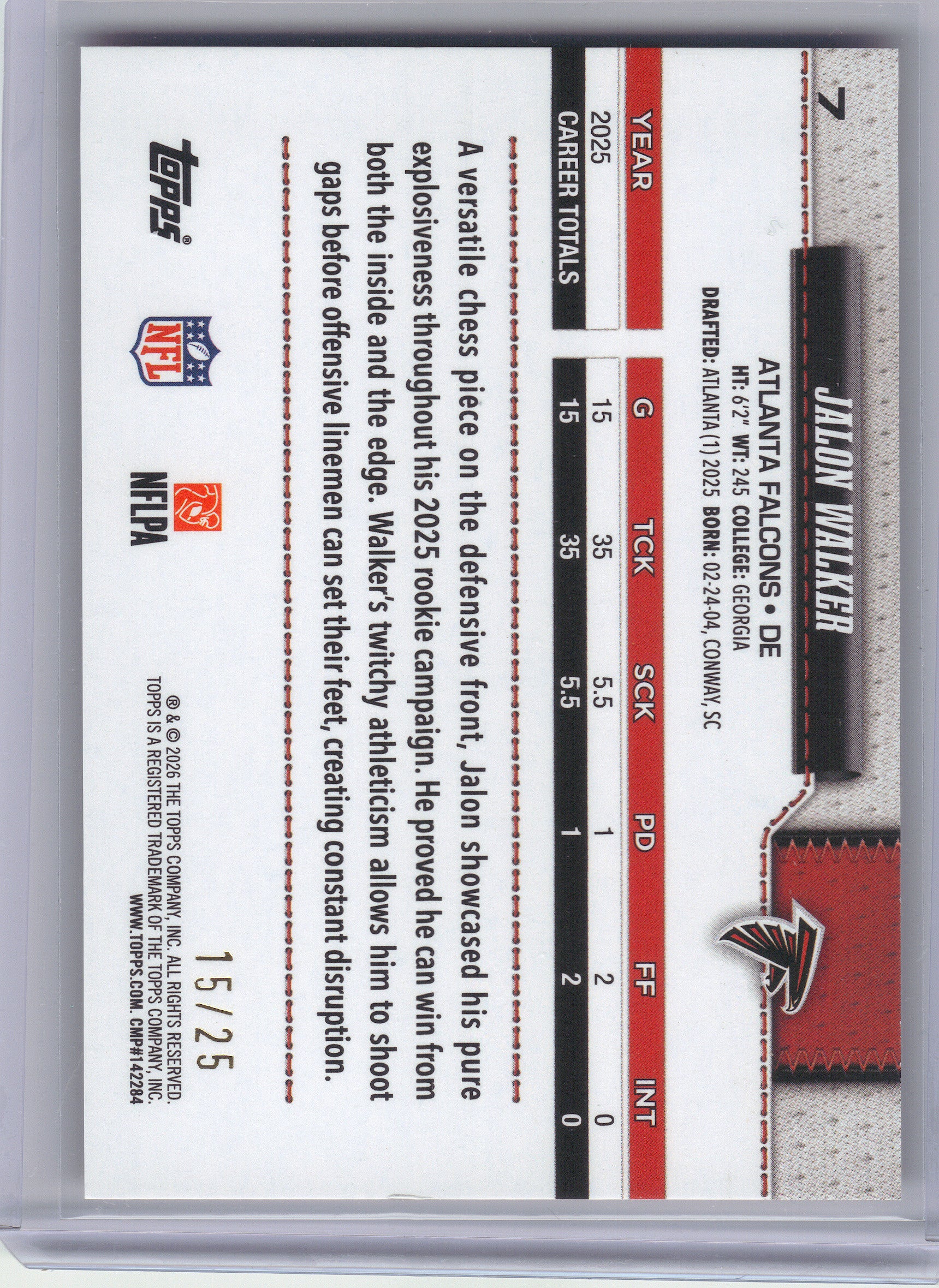 2026 Topps Flagship #7 Jalon Walker True Orange /25 Atlanta Falcons MEM