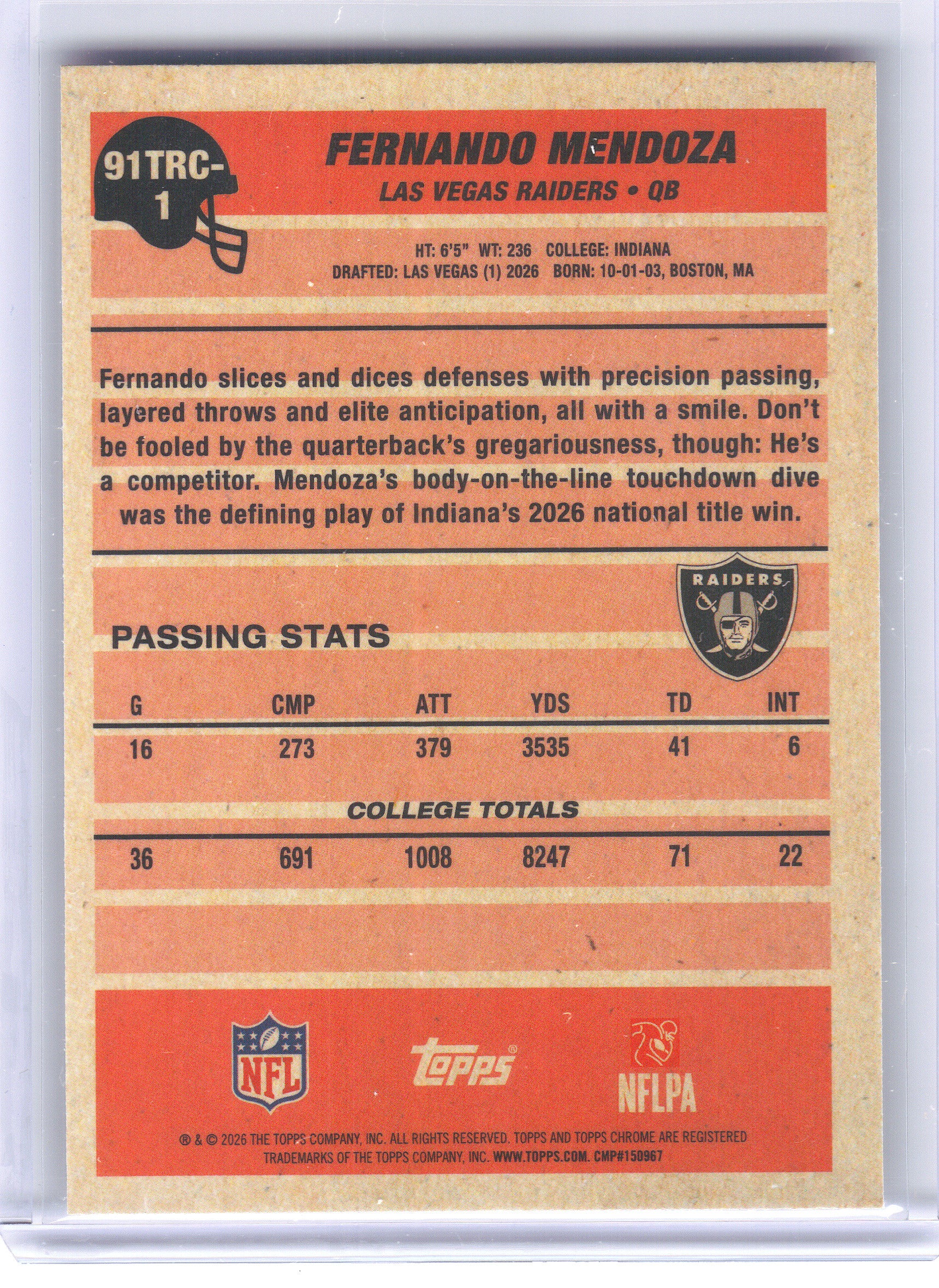 2026 Topps Flagship #91TRC-1 Fernando Mendoza 1991 Topps Flagship Football Rookies Chrome Las Vegas Raiders
