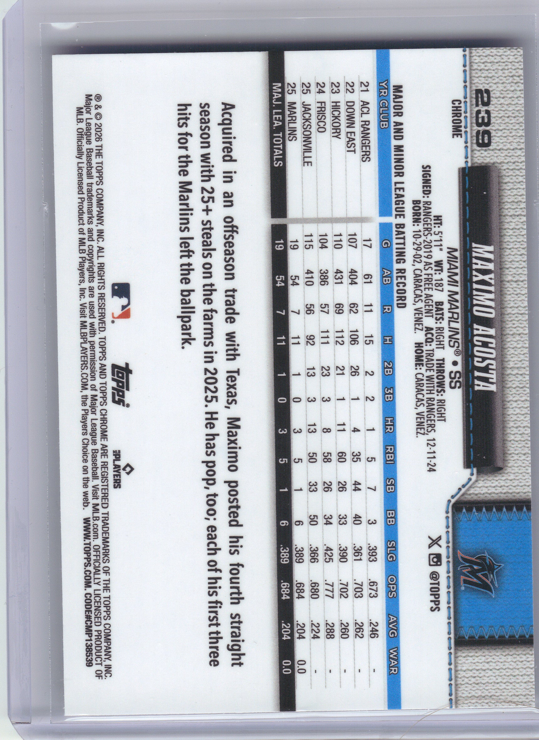 2026 Topps Chrome #239 Maximo Acosta X-Fractors Miami Marlins RC