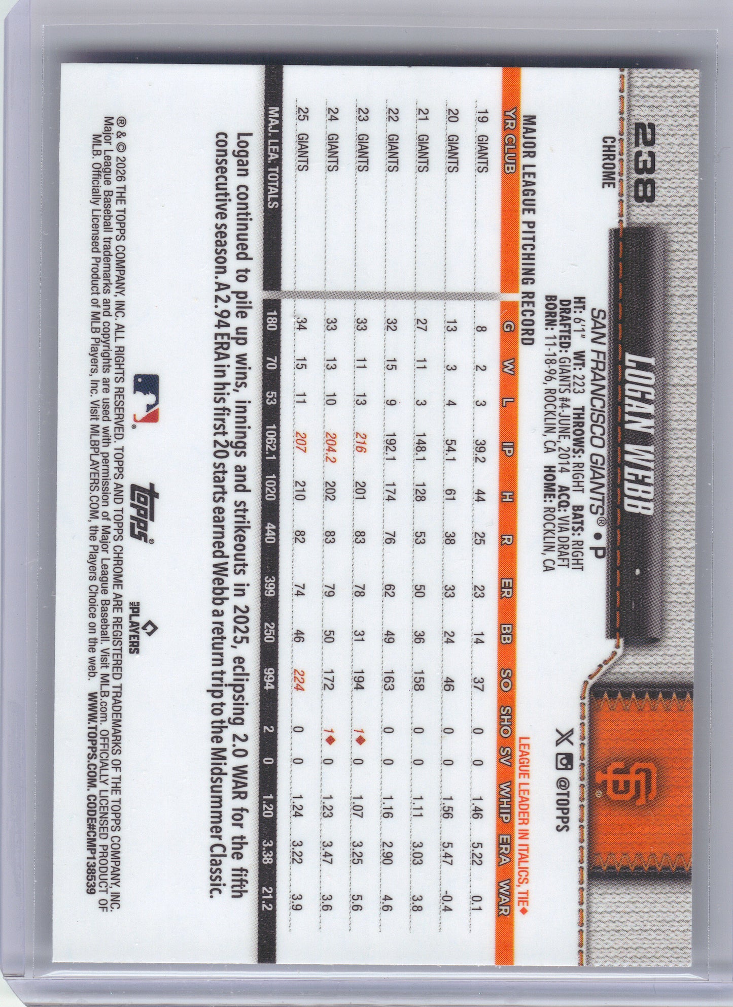 2026 Topps Chrome #238 Logan Webb X-Fractors San Francisco Giants