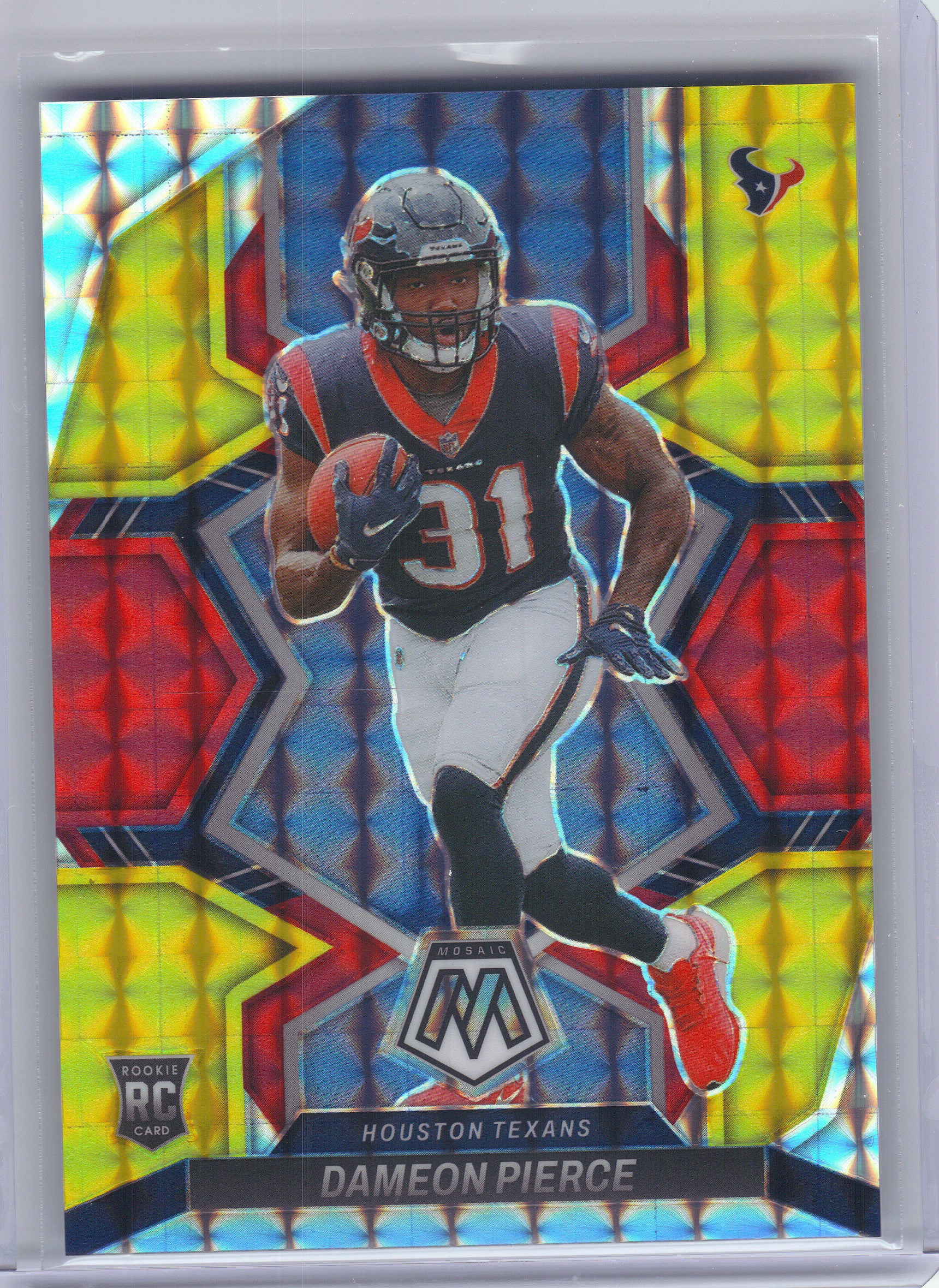 2022 Panini Mosaic #324 Dameon Pierce Mosaic Choice Fusion Red and Yellow #/80 Houston Texans SN, RC