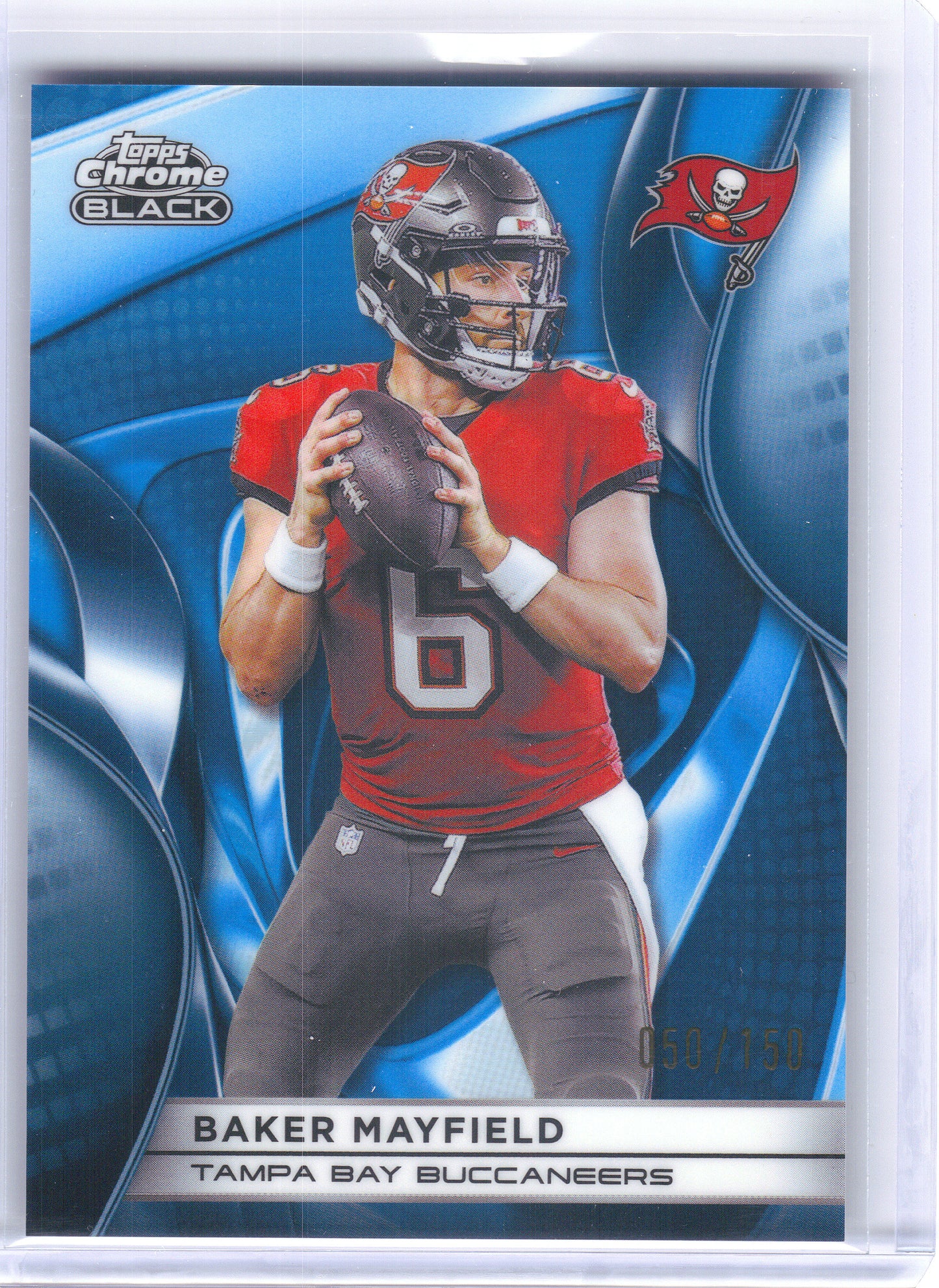 2025 Topps Chrome Black #95 Baker Mayfield Blue Refractor #/150 Tampa Bay Buccaneers SN