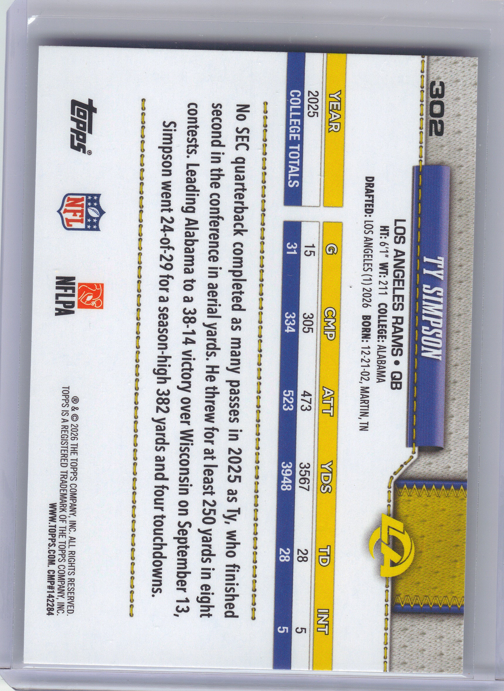 2026 Topps Flagship #302 Ty Simpson Los Angeles Rams RC