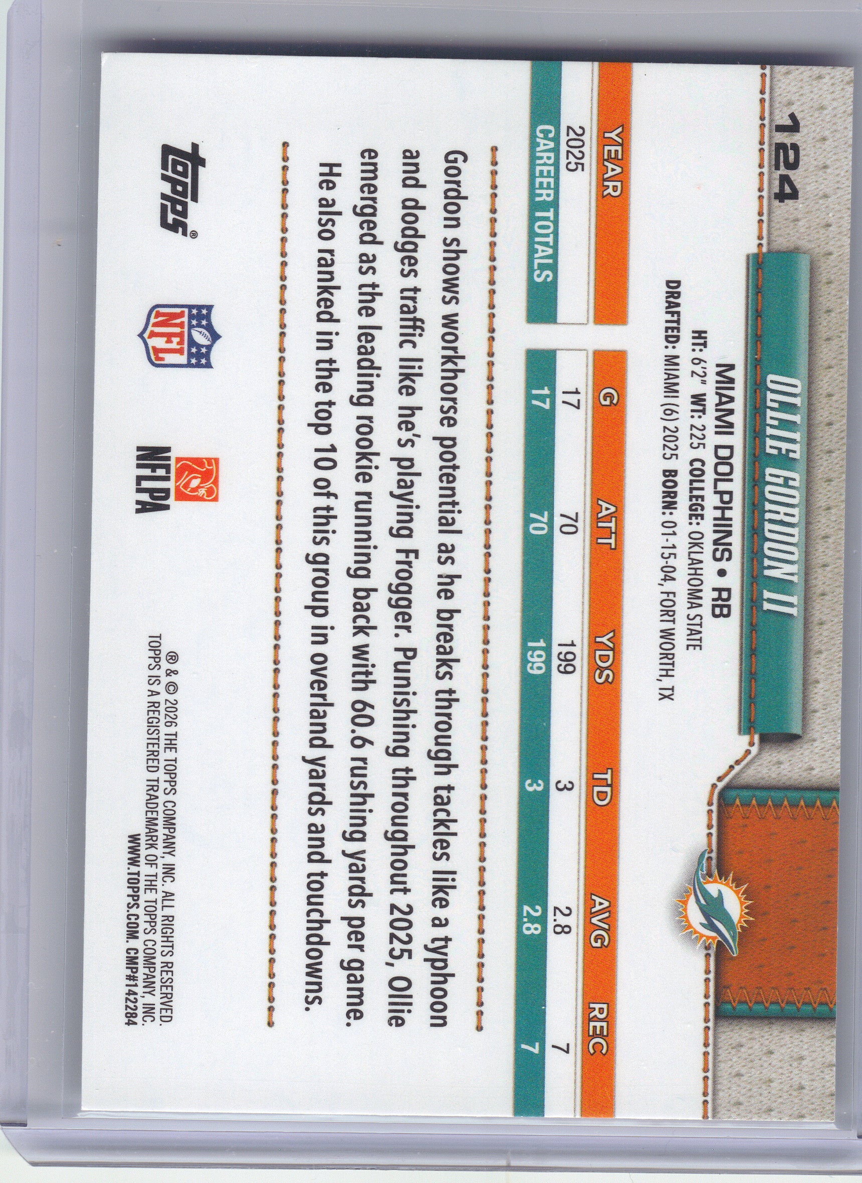 2026 Topps Flagship #124 Ollie Gordon II Miami Dolphins