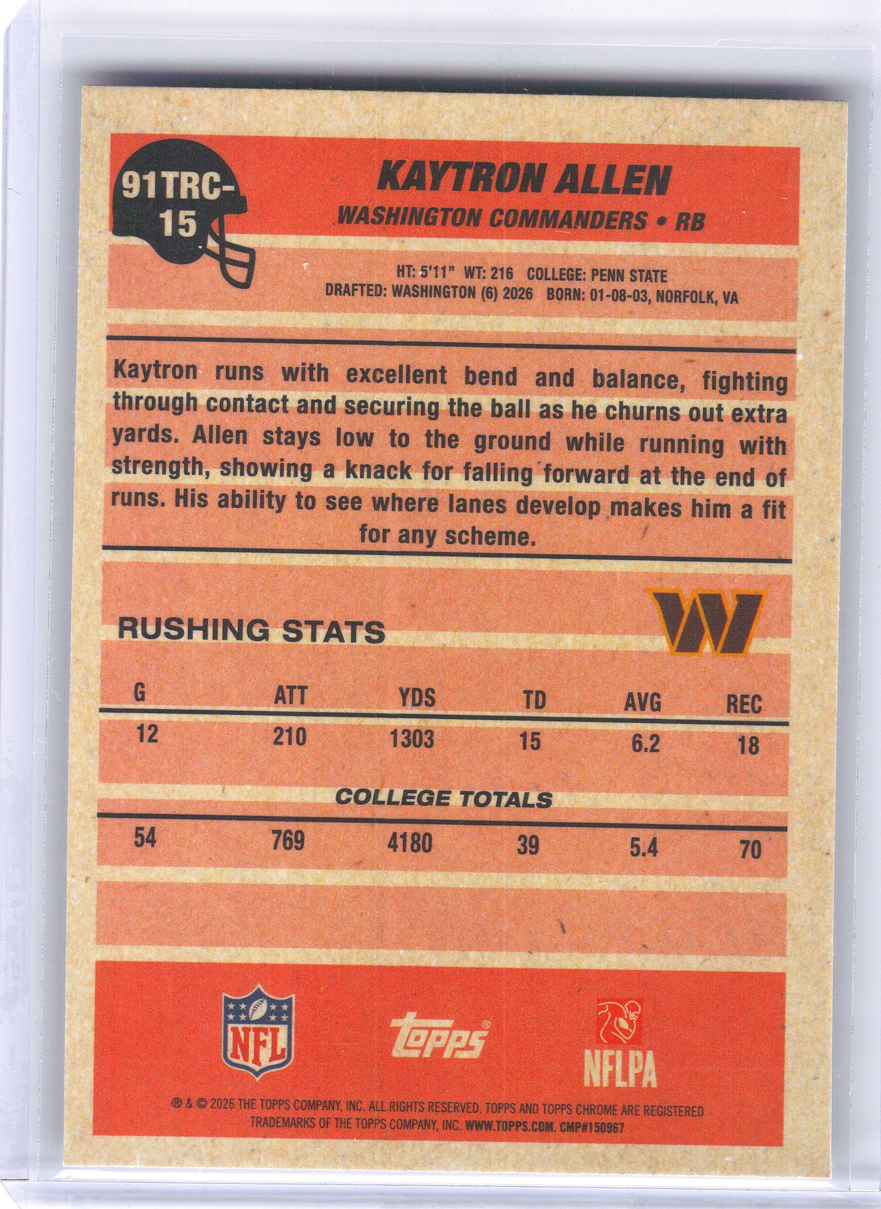 2026 Topps Flagship #91TRC-15 Kaytron Allen 1991 Topps Football Rookies Chrome Washington Commanders