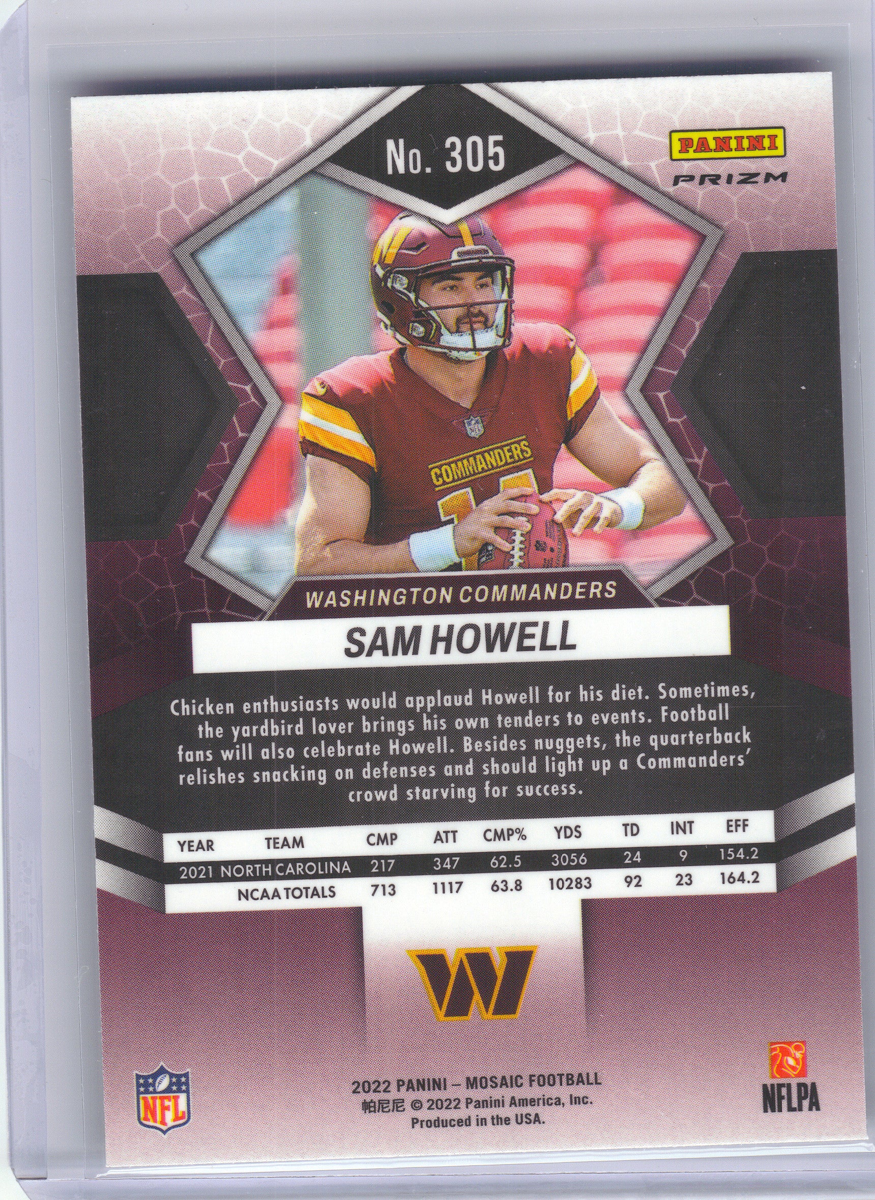 2022 Panini Mosaic #305 Sam Howell Silver Washington Commanders RC