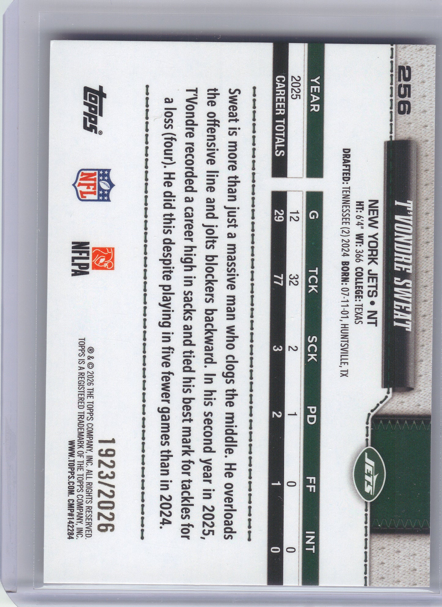 2026 Topps Flagship #256 T’Vondre Sweat Gold #/2026 New York Jets SN