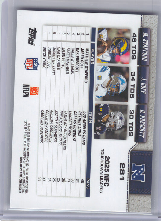 2026 Topps Flagship #281 NFC Passing Leaders (Matthew Stafford / Dak Prescott / Jared Goff)