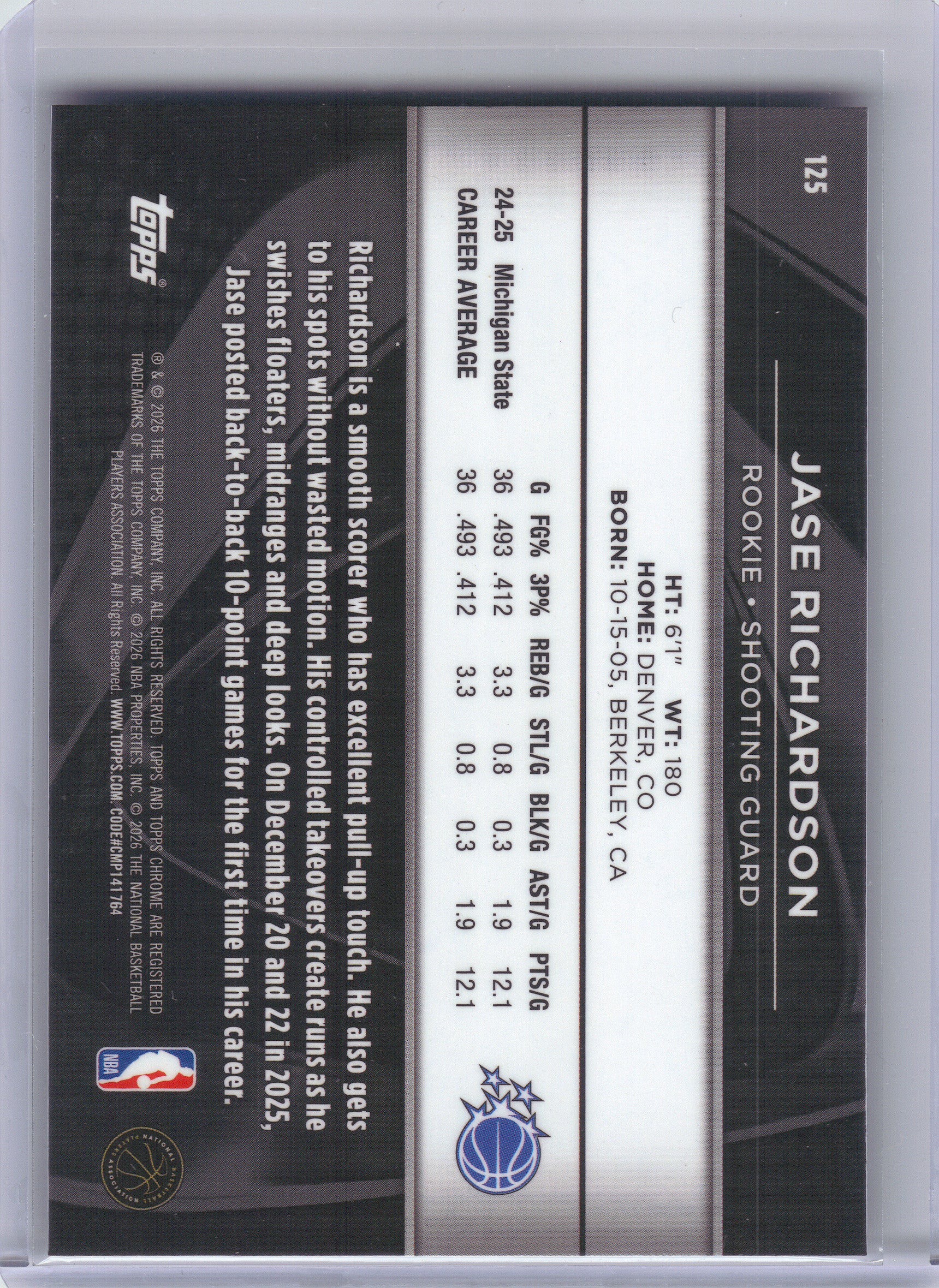 2025-26 Topps Chrome Black #125 Jase Richardson Orlando Magic RC
