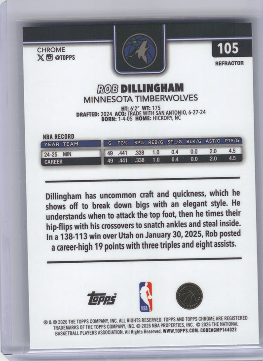 2025-26 Topps Chrome Update #105 Rob Dillingham Refractor Minnesota Timberwolves