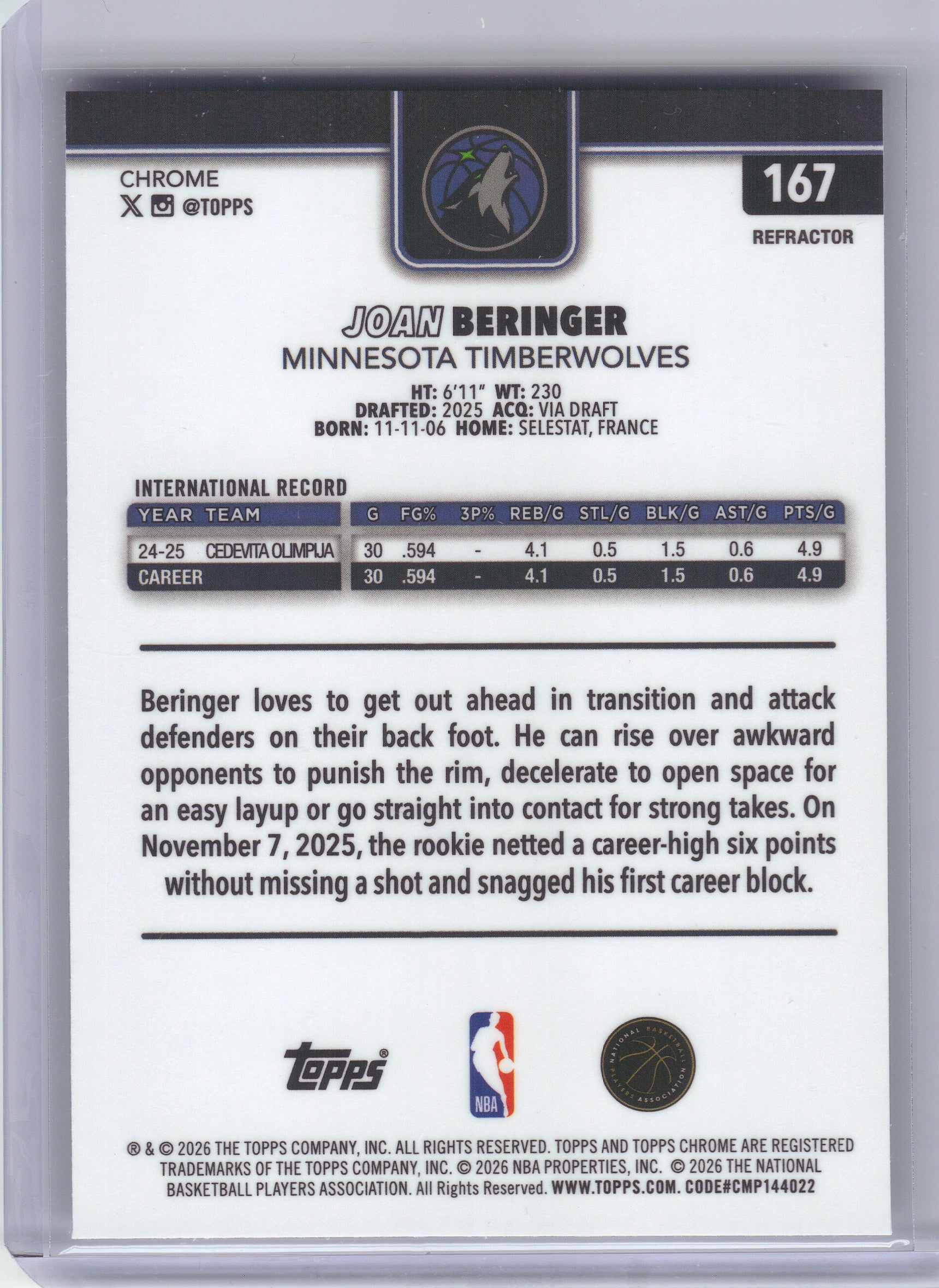 2025-26 Topps Chrome Update #167 Joan Beringer Refractor Minnesota Timberwolves RC