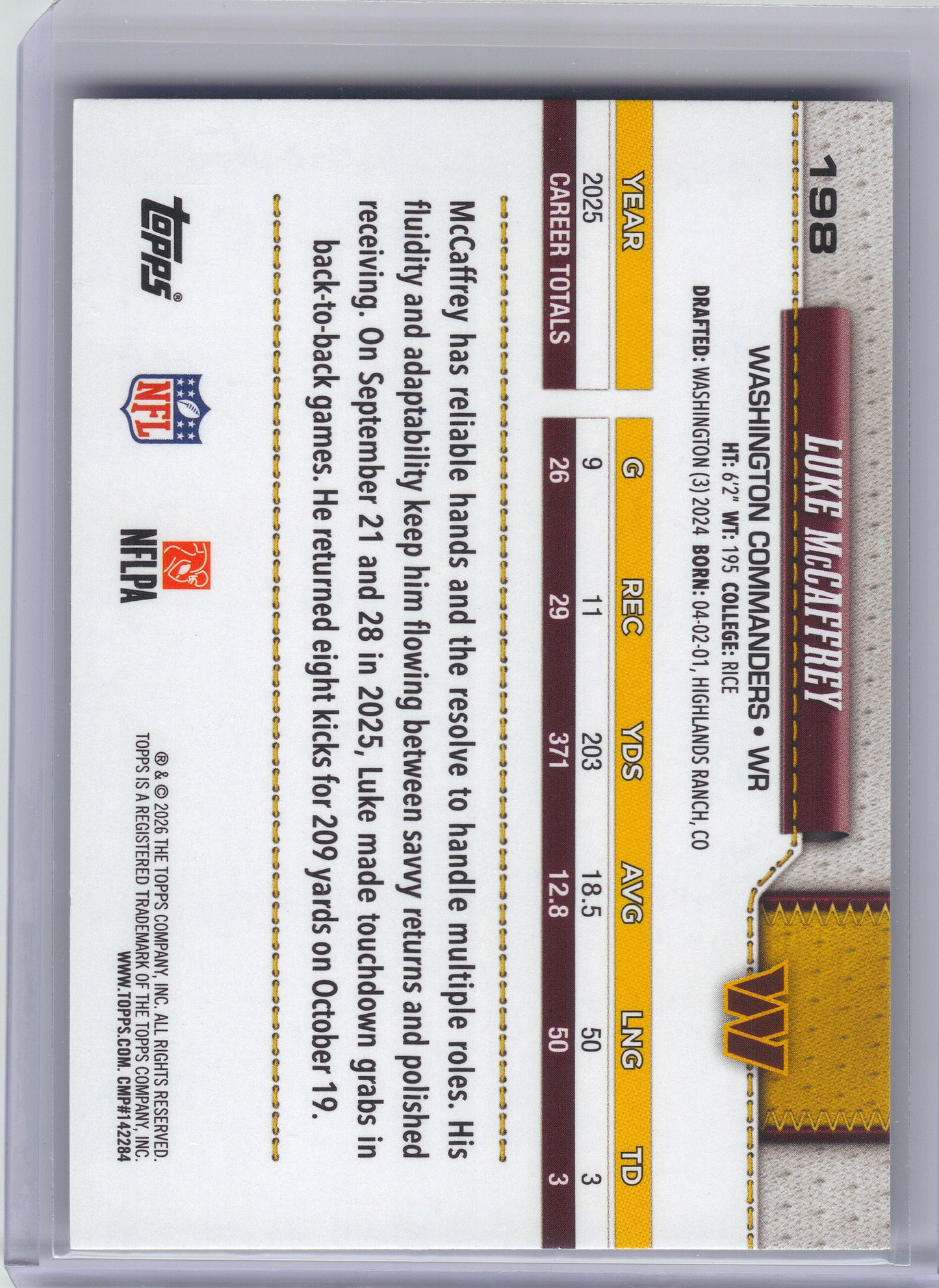 2026 Topps Flagship #198 Luke McCaffrey Sandglitter Washington Commanders
