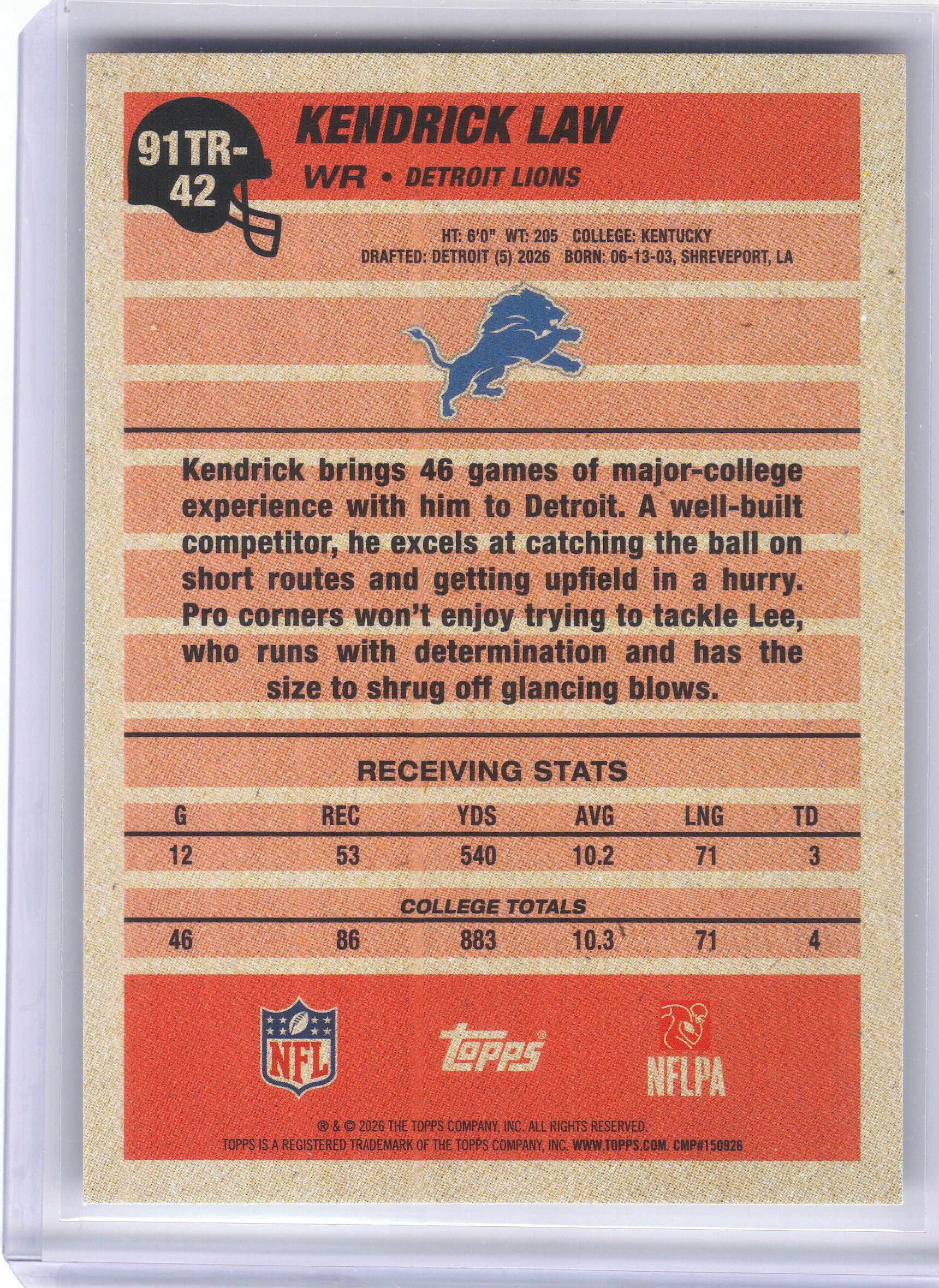 2026 Topps Flagship #91TR-42 Kendrick Law 1991 Topps Football Rookies Detroit Lions