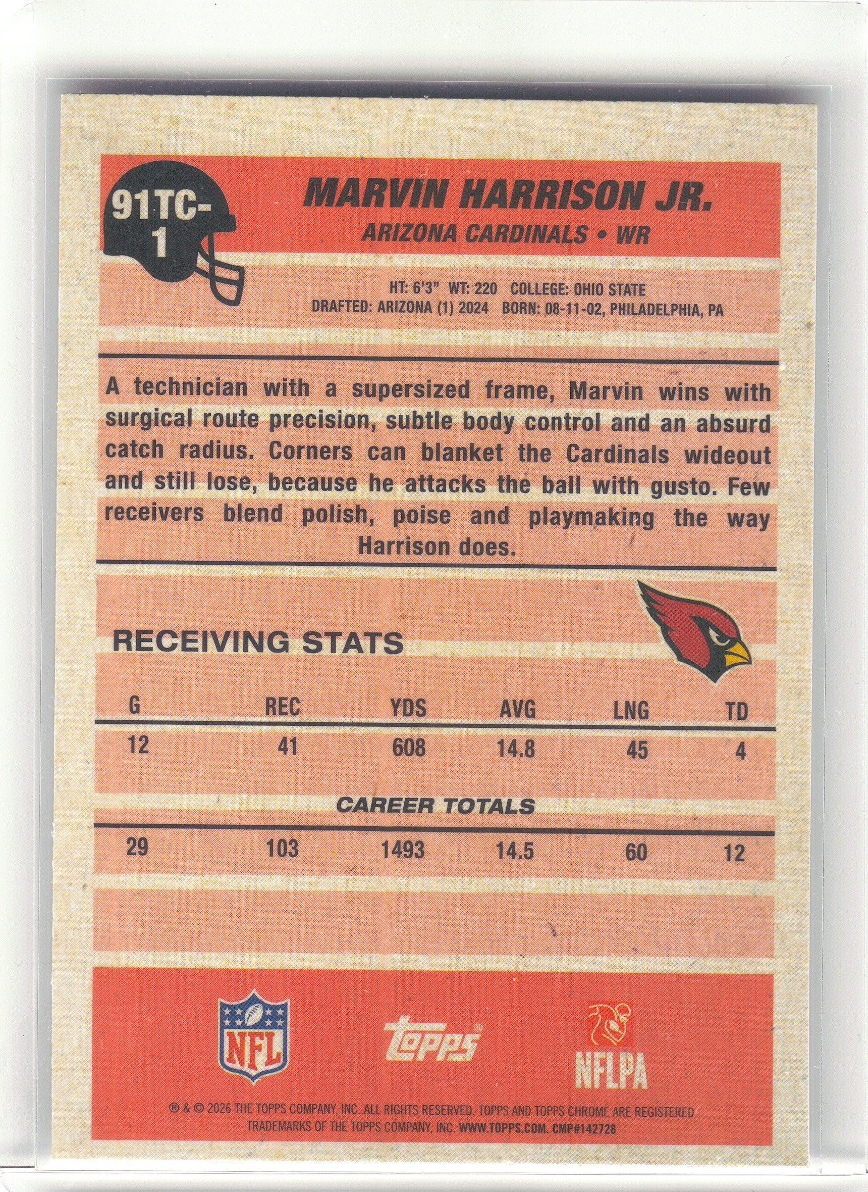2026 Topps Flagship #91TC-1 Marvin Harrison Jr. 1991 Topps Football Chrome Arizona Cardinals
