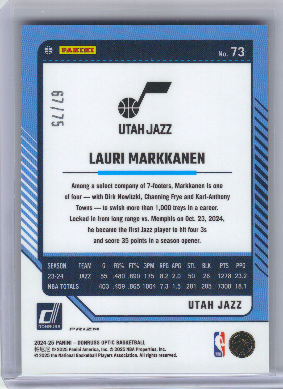 2024-25 Donruss Optic #73 Lauri Markkanen Electricity International #/75 Utah Jazz SN