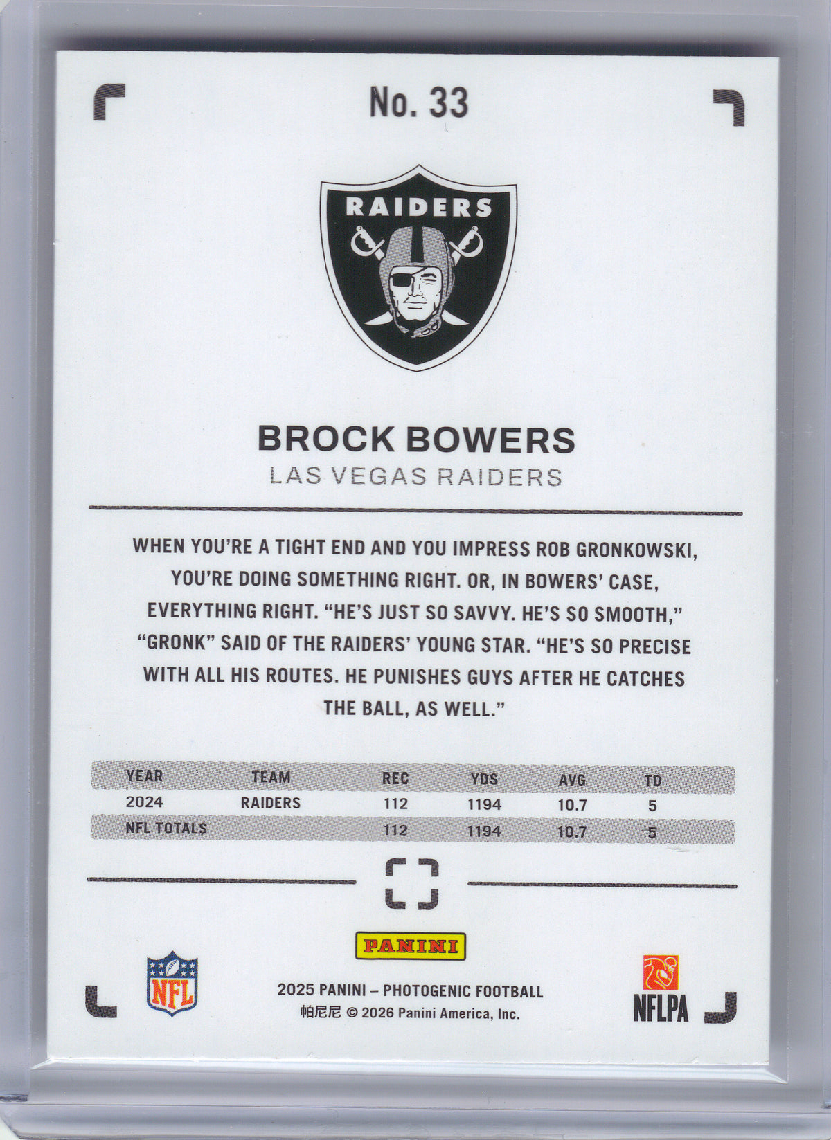 2025 Panini Photogenic #33 Brock Bowers Las Vegas Raiders