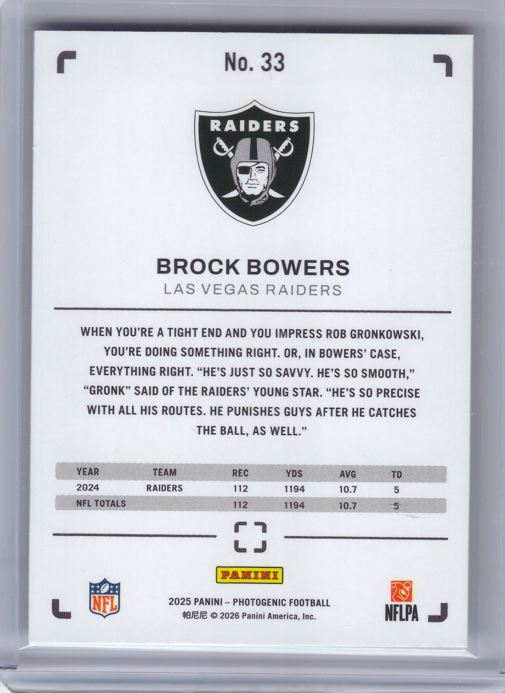 2025 Panini Photogenic #33 Brock Bowers Las Vegas Raiders