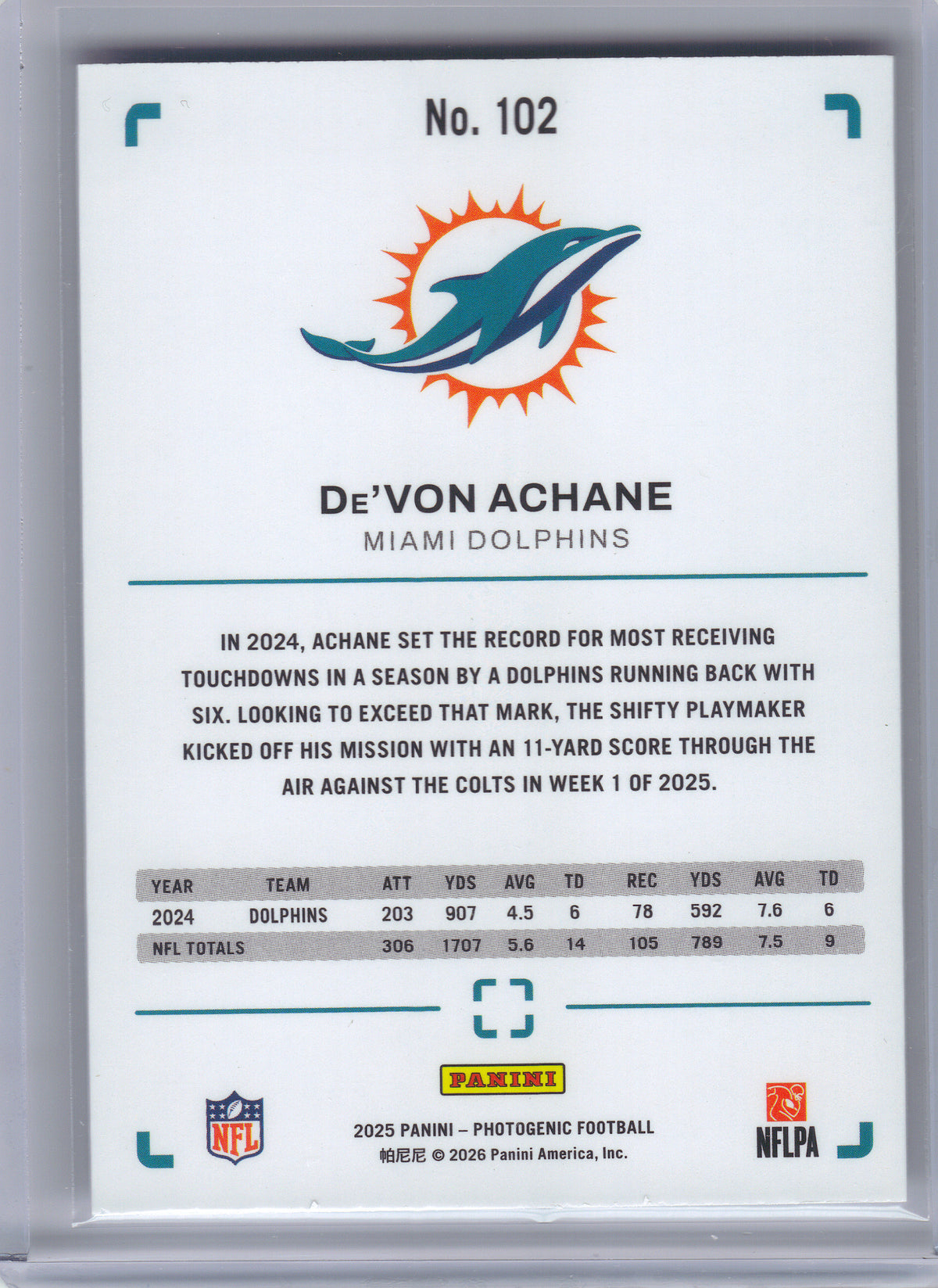 2025 Panini Photogenic #102 De'Von Achane Miami Dolphins