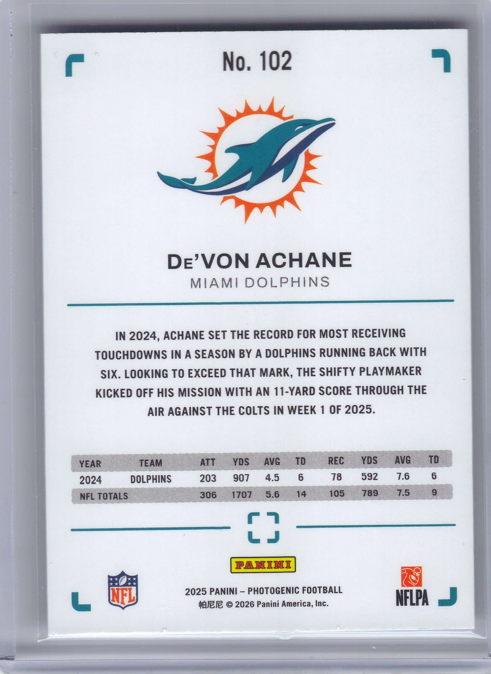 2025 Panini Photogenic #102 De'Von Achane Miami Dolphins
