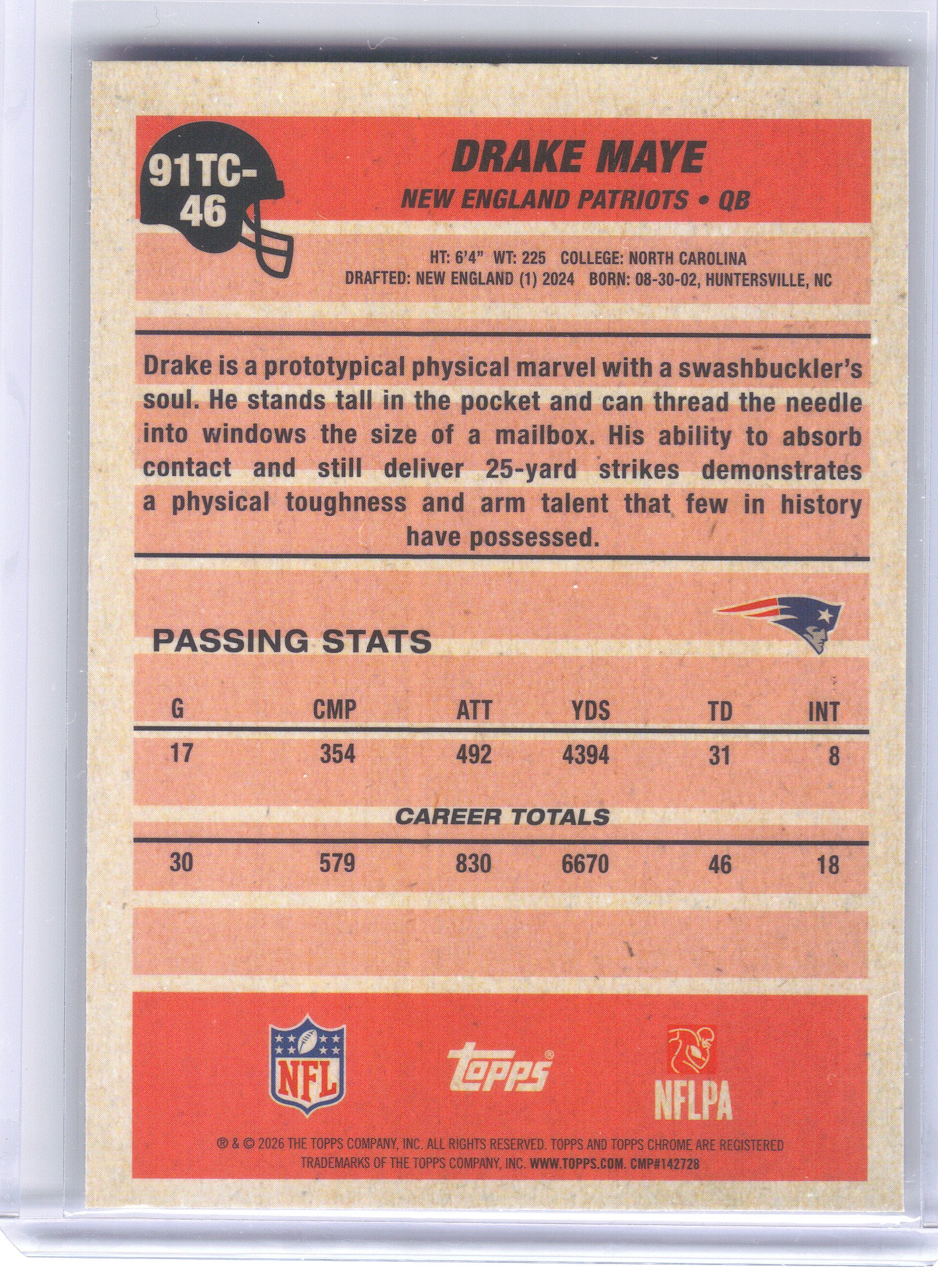 2026 Topps Flagship #91TC-46 Drake Maye 1991 Topps Football Chrome New England Patriots
