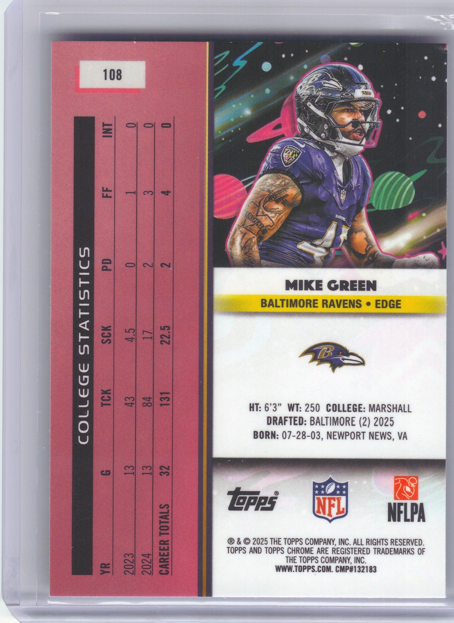 2025 Topps Chrome Cosmic #108 Mike Green Baltimore Ravens RC