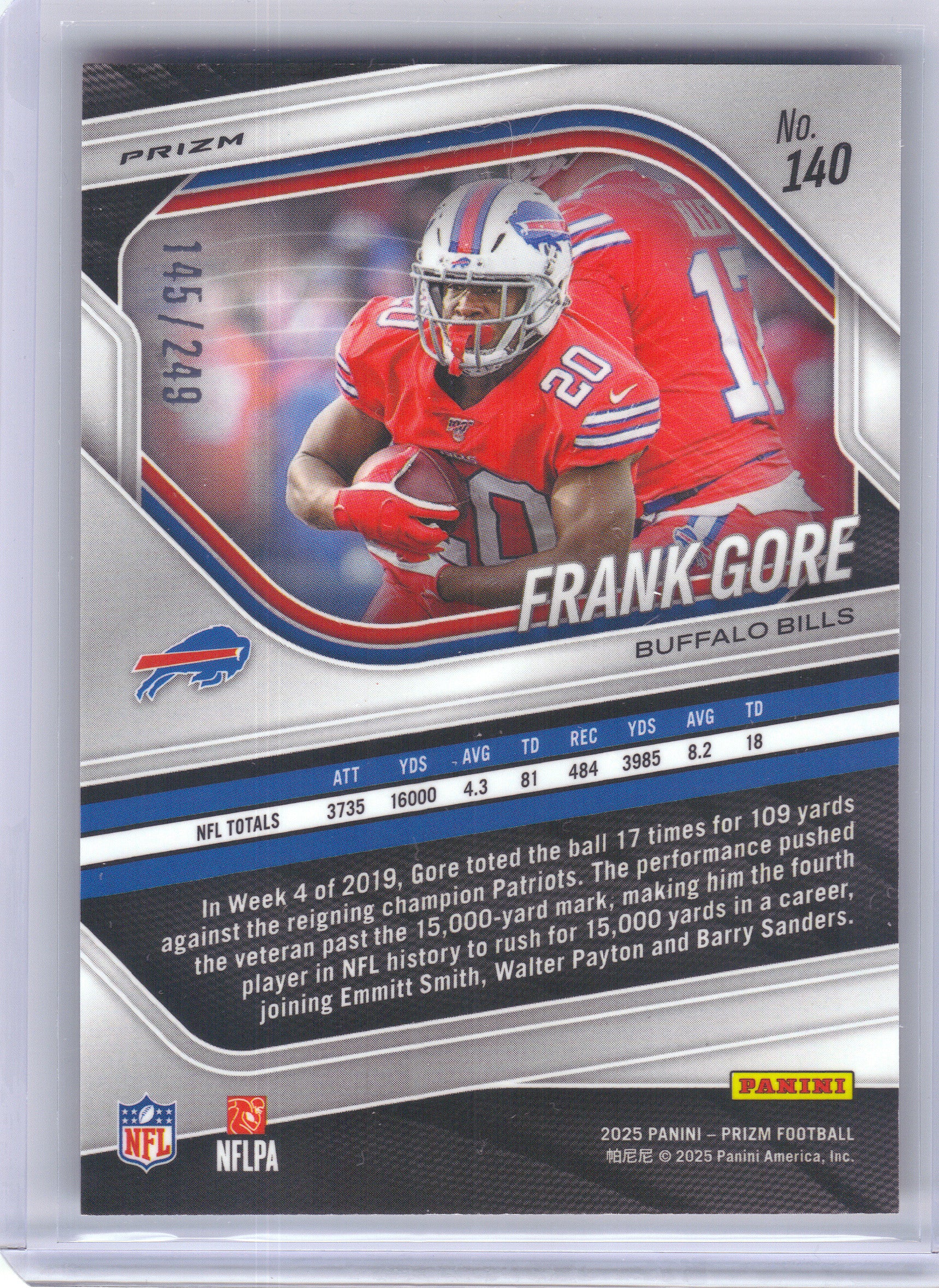 2025 Panini Prizm #140 Frank Gore Orange #/249 Buffalo Bills SN