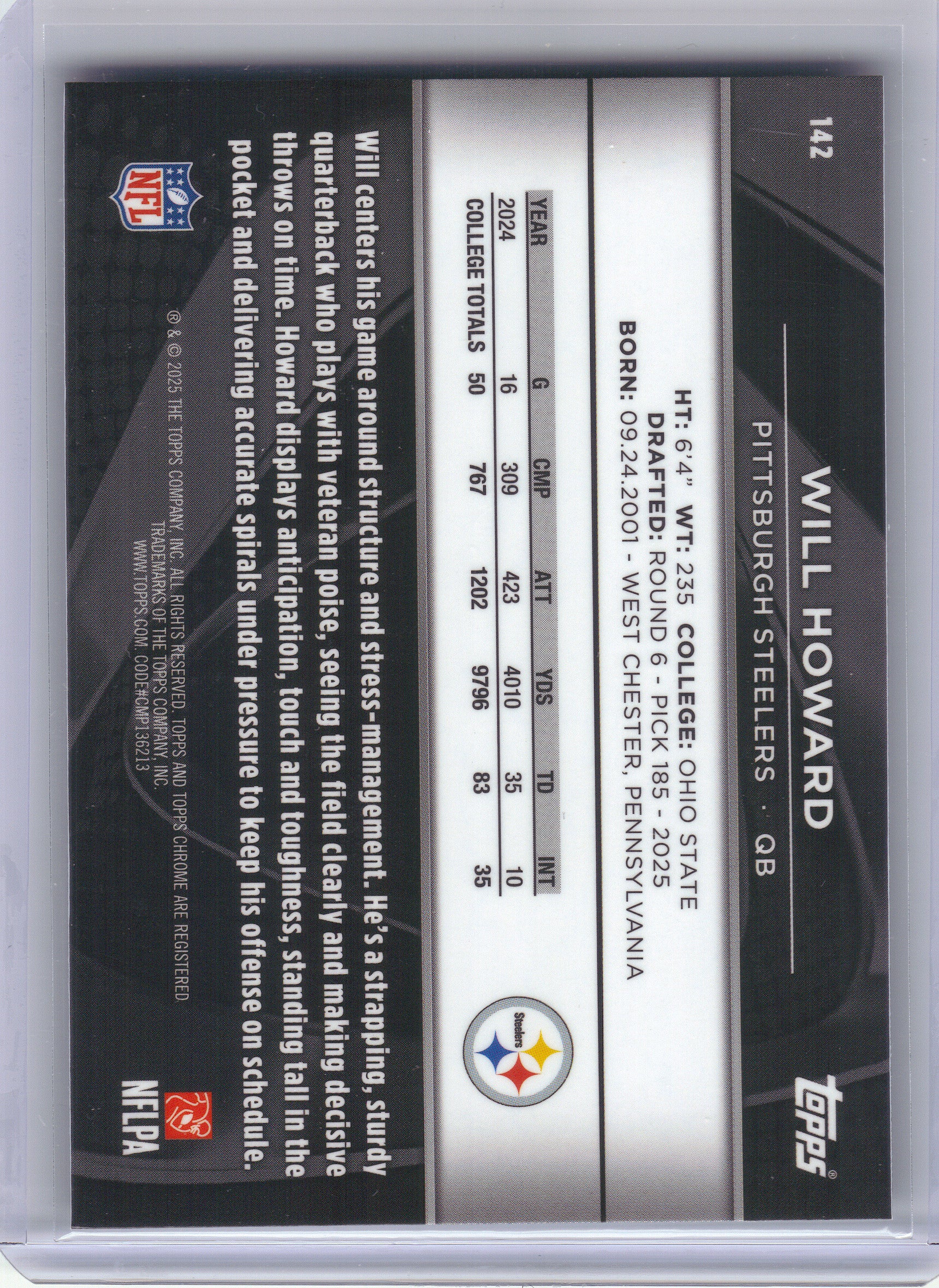2025 Topps Chrome Black #142 Will Howard Pittsburgh Steelers RC