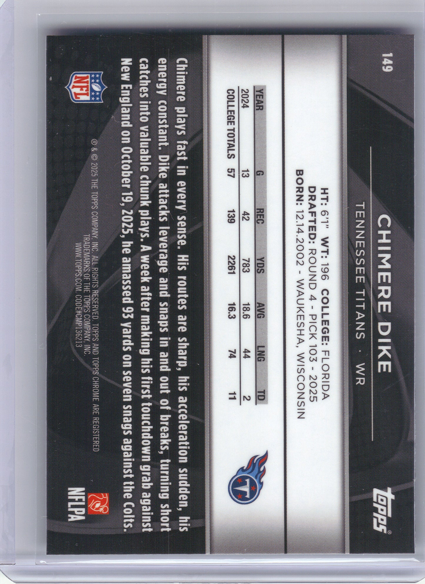 2025 Topps Chrome Black #149 Chimere Dike Tennessee Titans RC