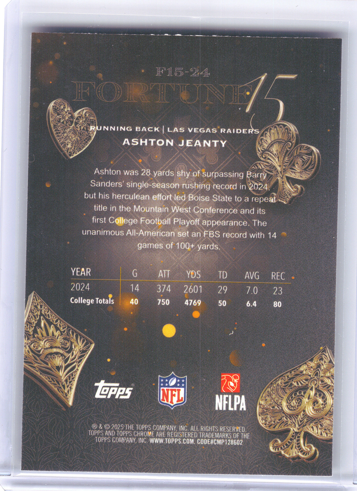 2025 Topps Chrome #F15-24 Ashton Jeanty Fortune 15 Las Vegas Raiders