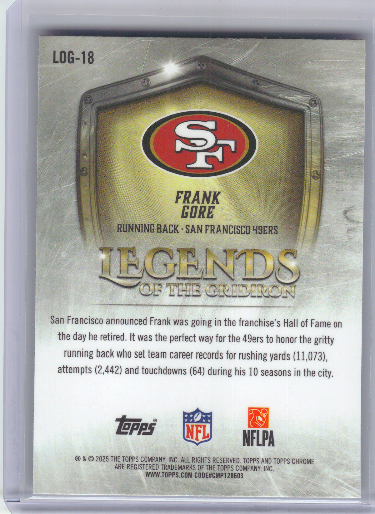 2025 Topps Chrome #LOG-18 Frank Gore Legends of the Gridiron X-Fractor San Francisco 49ers