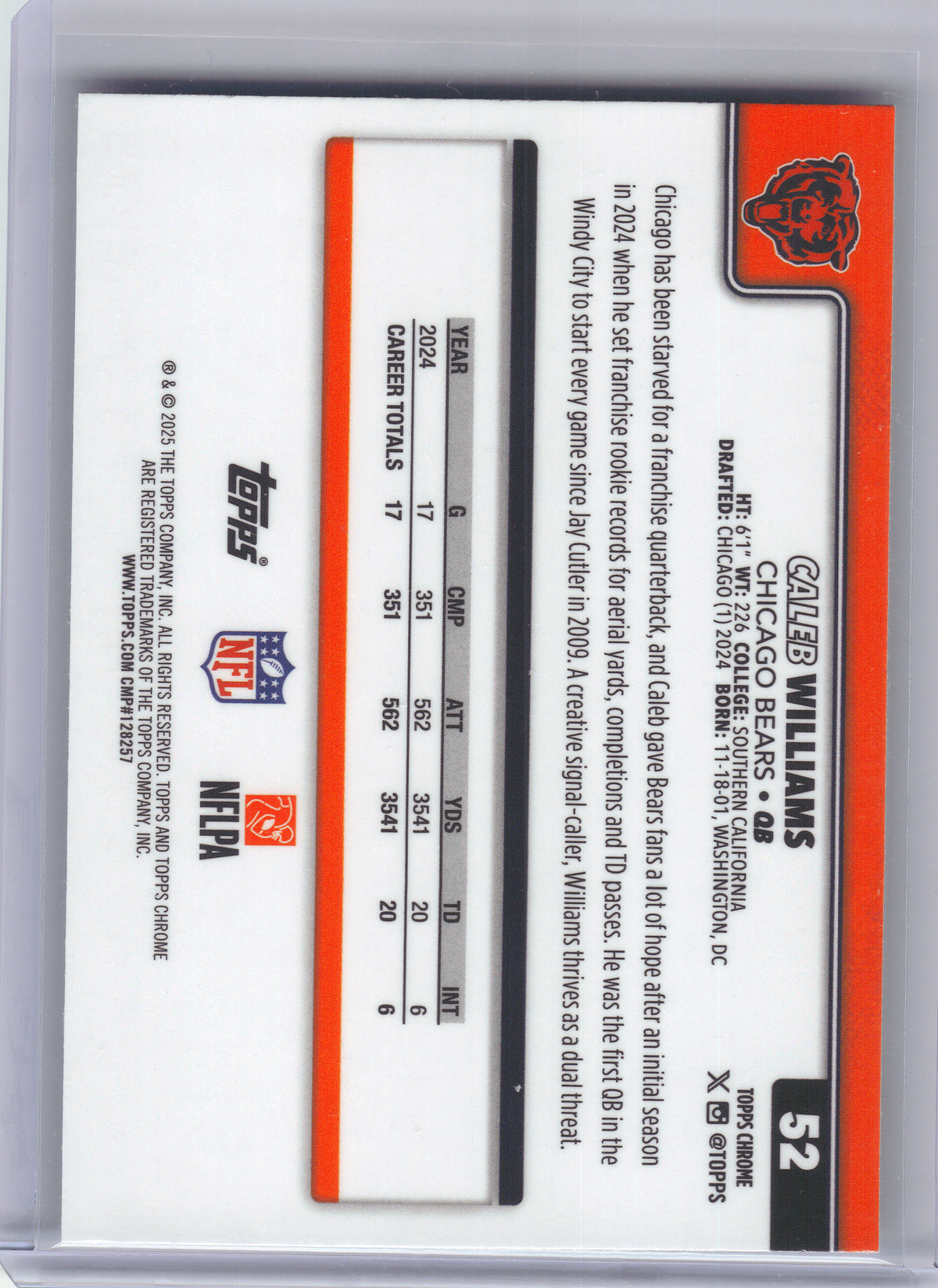 2025 Topps Chrome #52 Caleb Williams X-Fractor Chicago Bears
