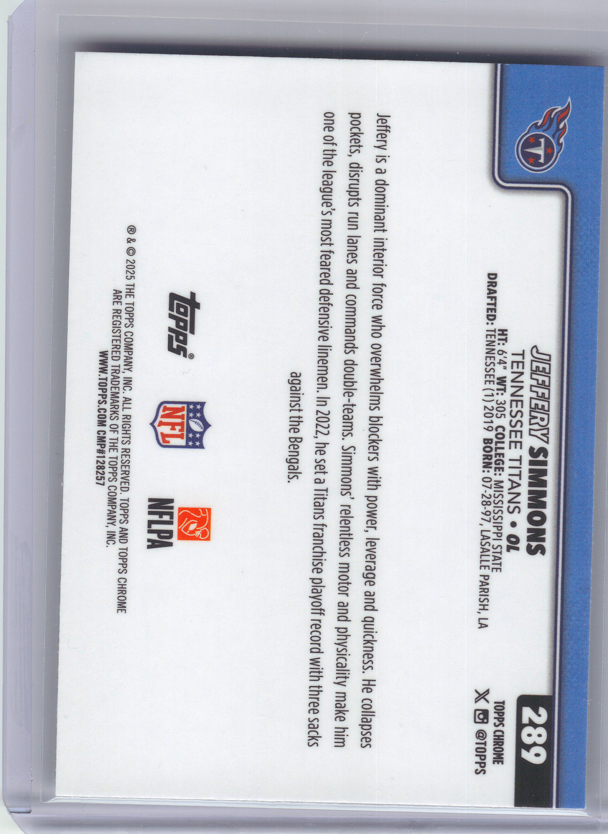 2025 Topps Chrome #289 Jeffery Simmons X-Fractor Tennessee Titans