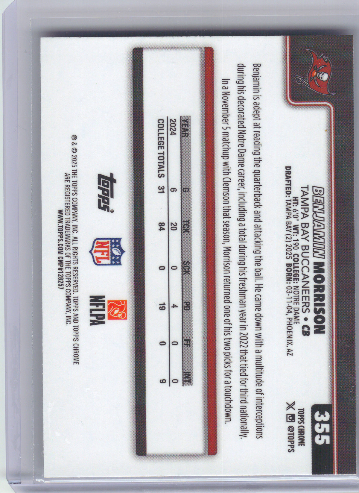 2025 Topps Chrome #355 Benjamin Morrison Pulsar Refractor Tampa Bay Buccaneers RC