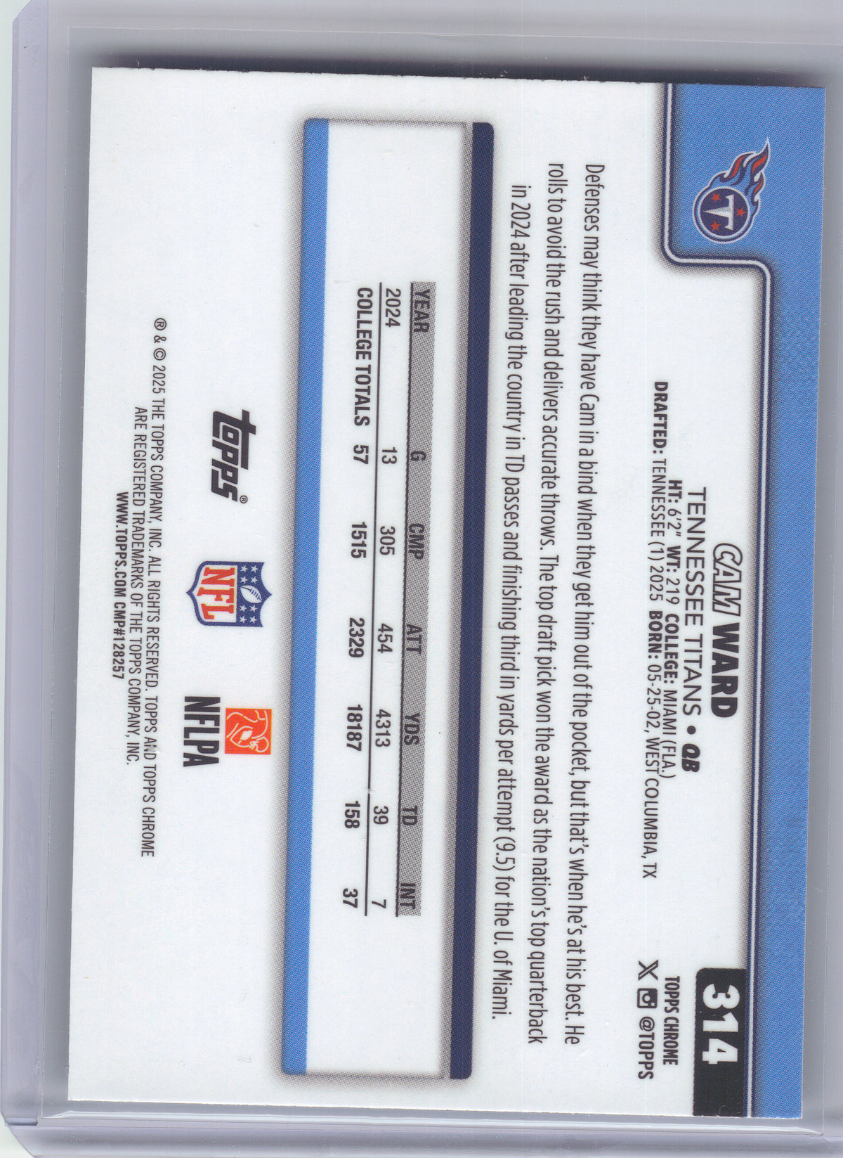 2025 Topps Chrome #314 Cam Ward X-Fractor Tennessee Titans RC