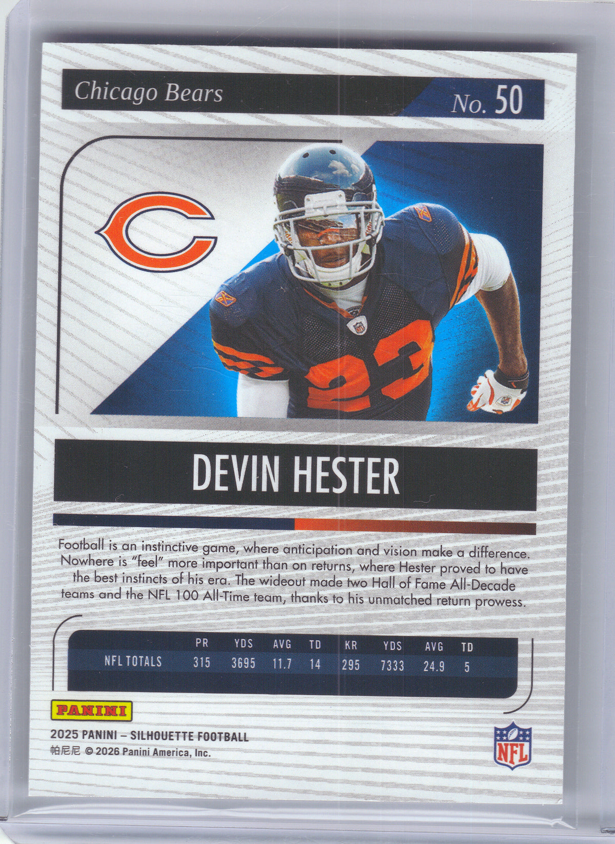 2025 Panini Silhouette #50 Devin Hester Holo Silver #/149 Chicago Bears SN