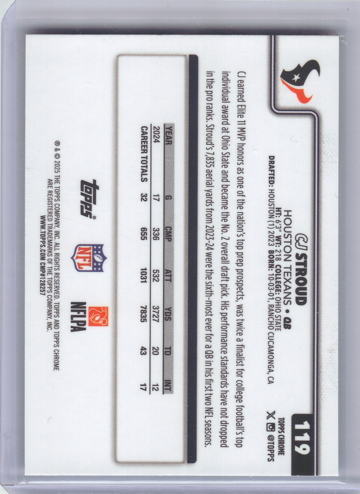 2025 Topps Chrome #119 CJ Stroud Red White and Blue Refractor Houston Texans