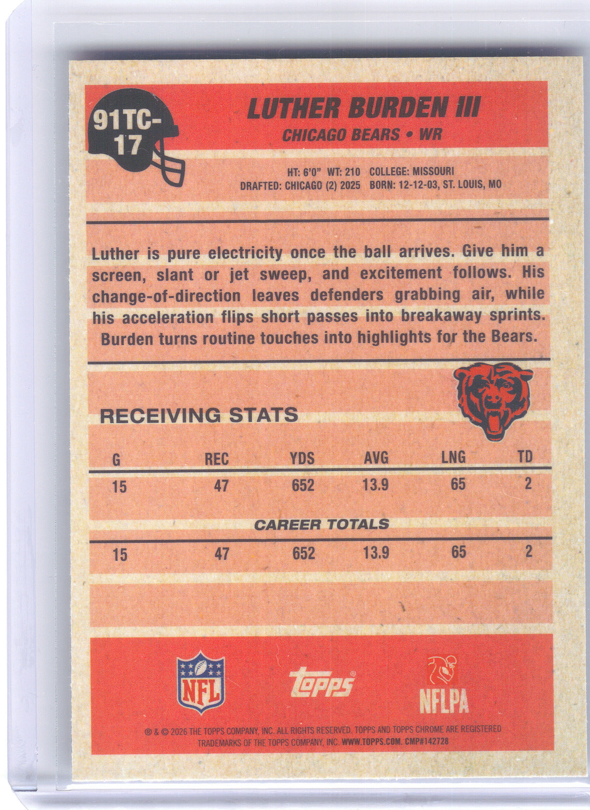 2026 Topps Flagship #91TC-17 Luther Burden III 1991 Topps Football Chrome Chicago Bears