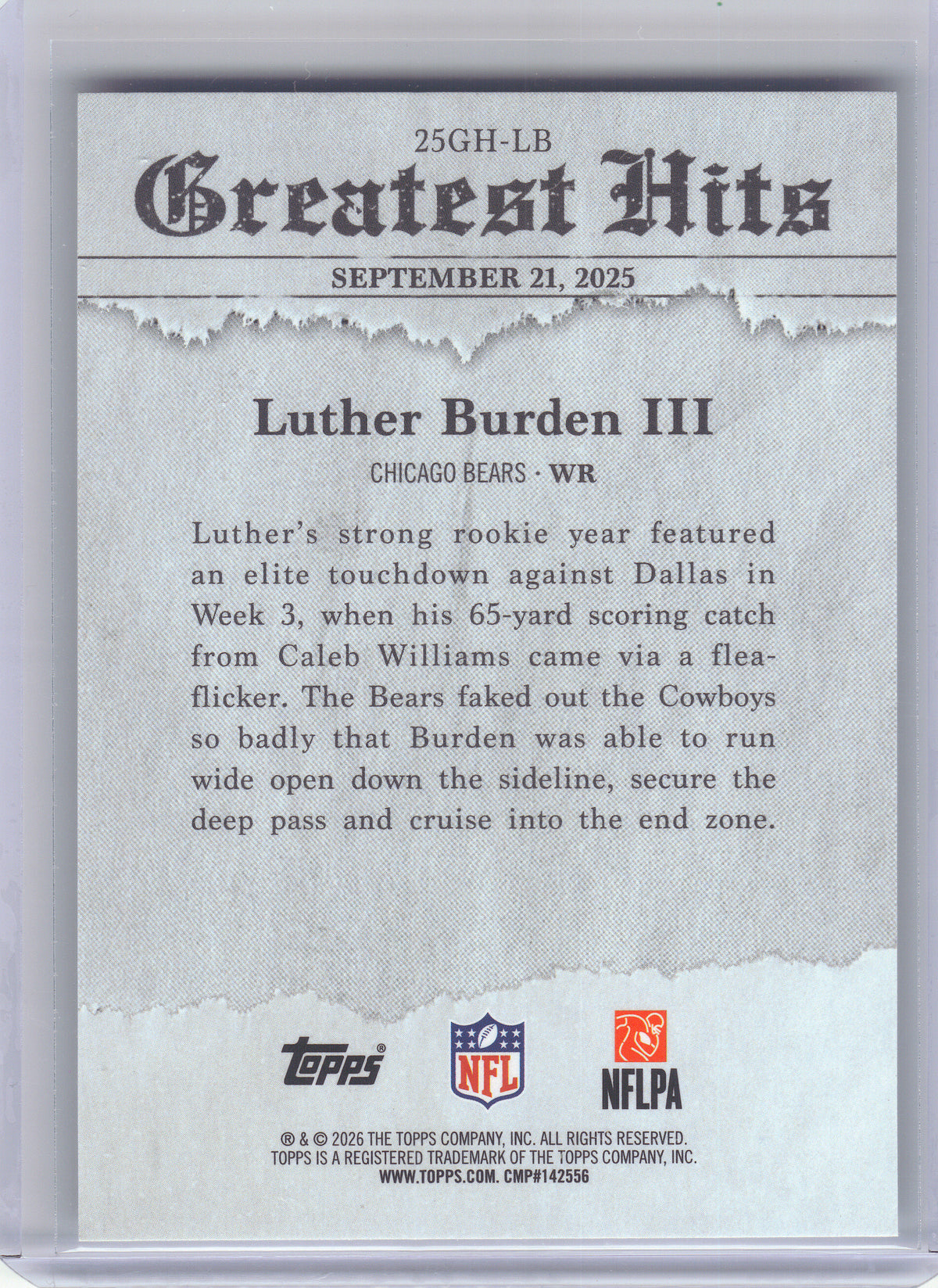 2026 Topps Flagship #25GH-LB Luther Burden III 2025 Greatest Hits Chicago Bears
