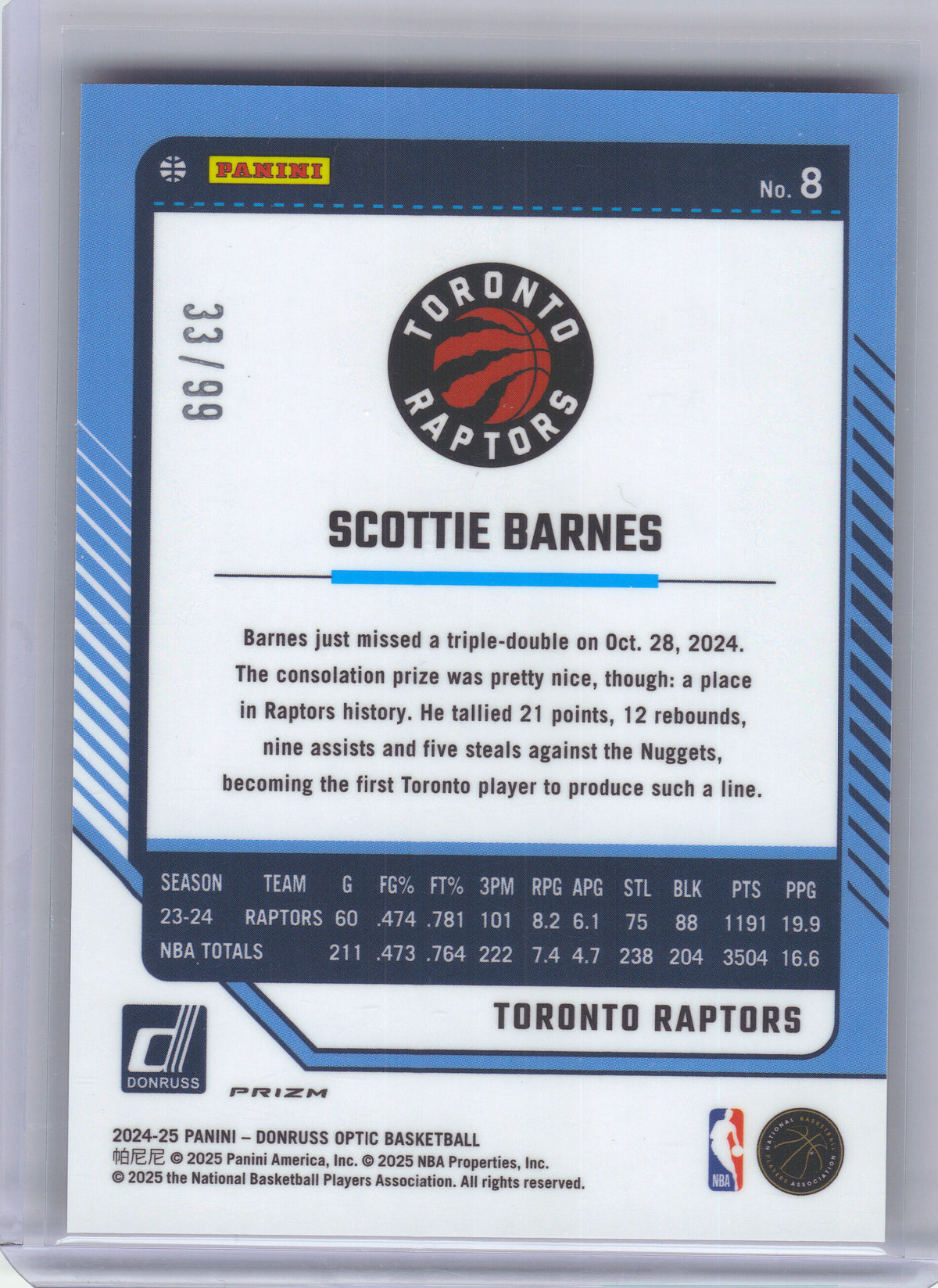 2024-25 Donruss Optic #8 Scottie Barnes Red and Gold International #/99 Toronto Raptors SN