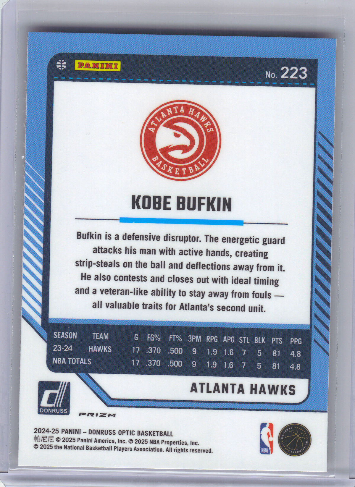 2024-25 Donruss Optic #223 Kobe Bufkin Red International Atlanta Hawks