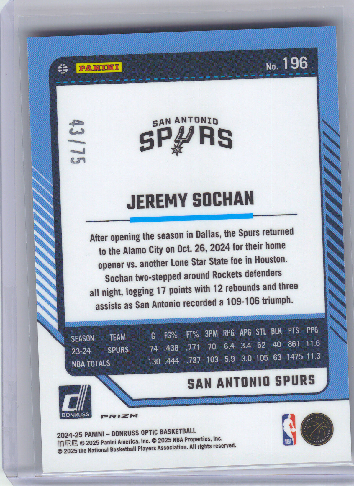 2024-25 Donruss Optic #196 Jeremy Sochan Electricity International #/75 San Antonio Spurs SN