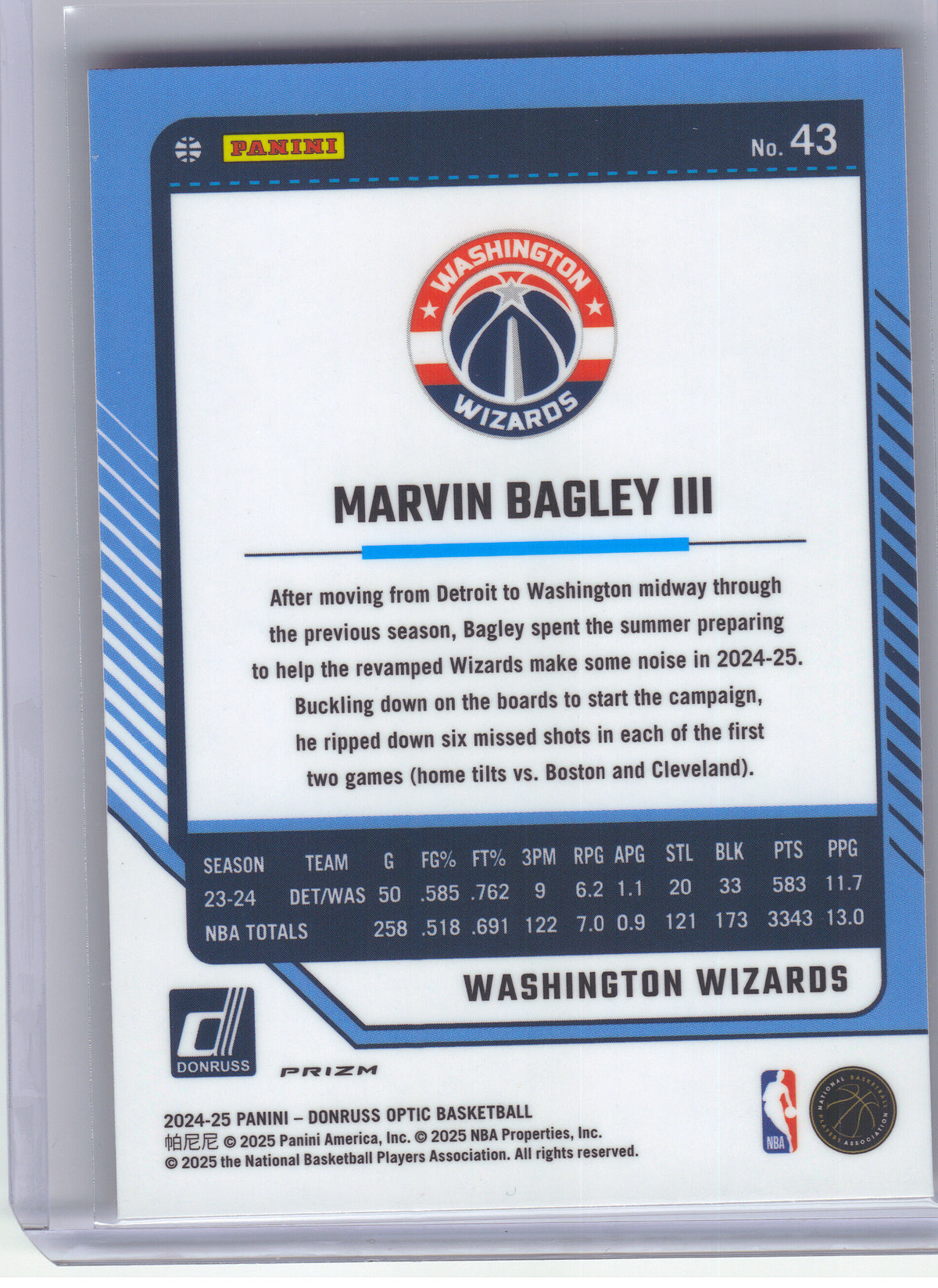2024-25 Donruss Optic #43 Marvin Bagley III Red International Washington Wizards