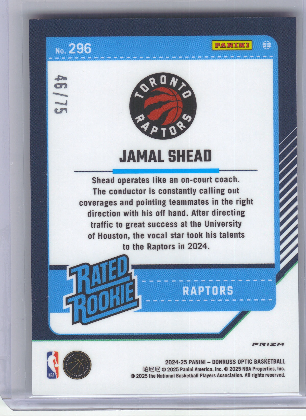 2024-25 Donruss Optic #296 Jamal Shead Electricity International #/75 Toronto Raptors SN, RC