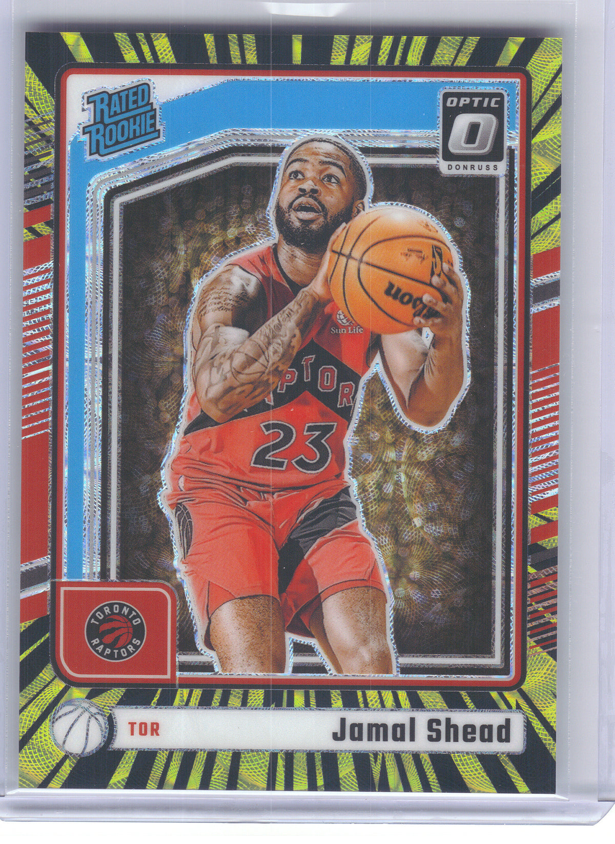 2024-25 Donruss Optic #296 Jamal Shead Electricity International #/75 Toronto Raptors SN, RC