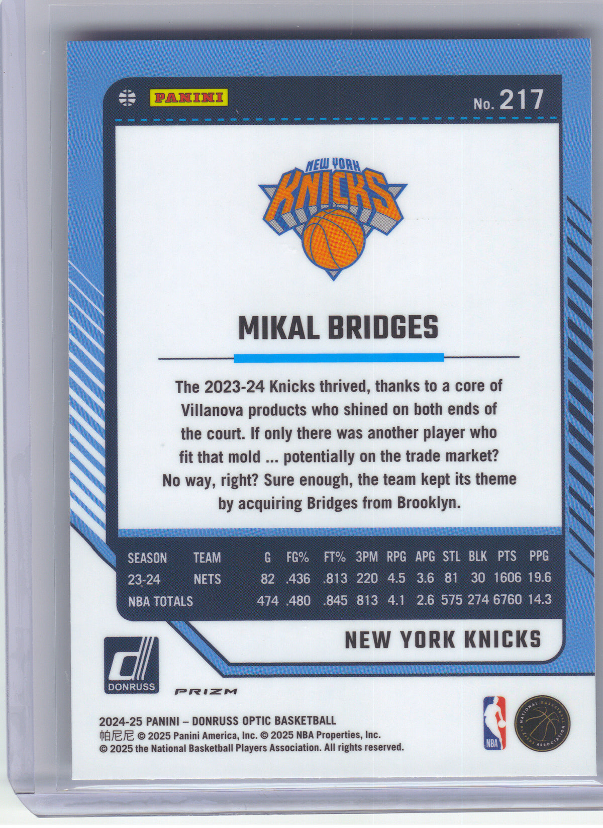 2024-25 Donruss Optic #217 Mikal Bridges Holo New York Knicks