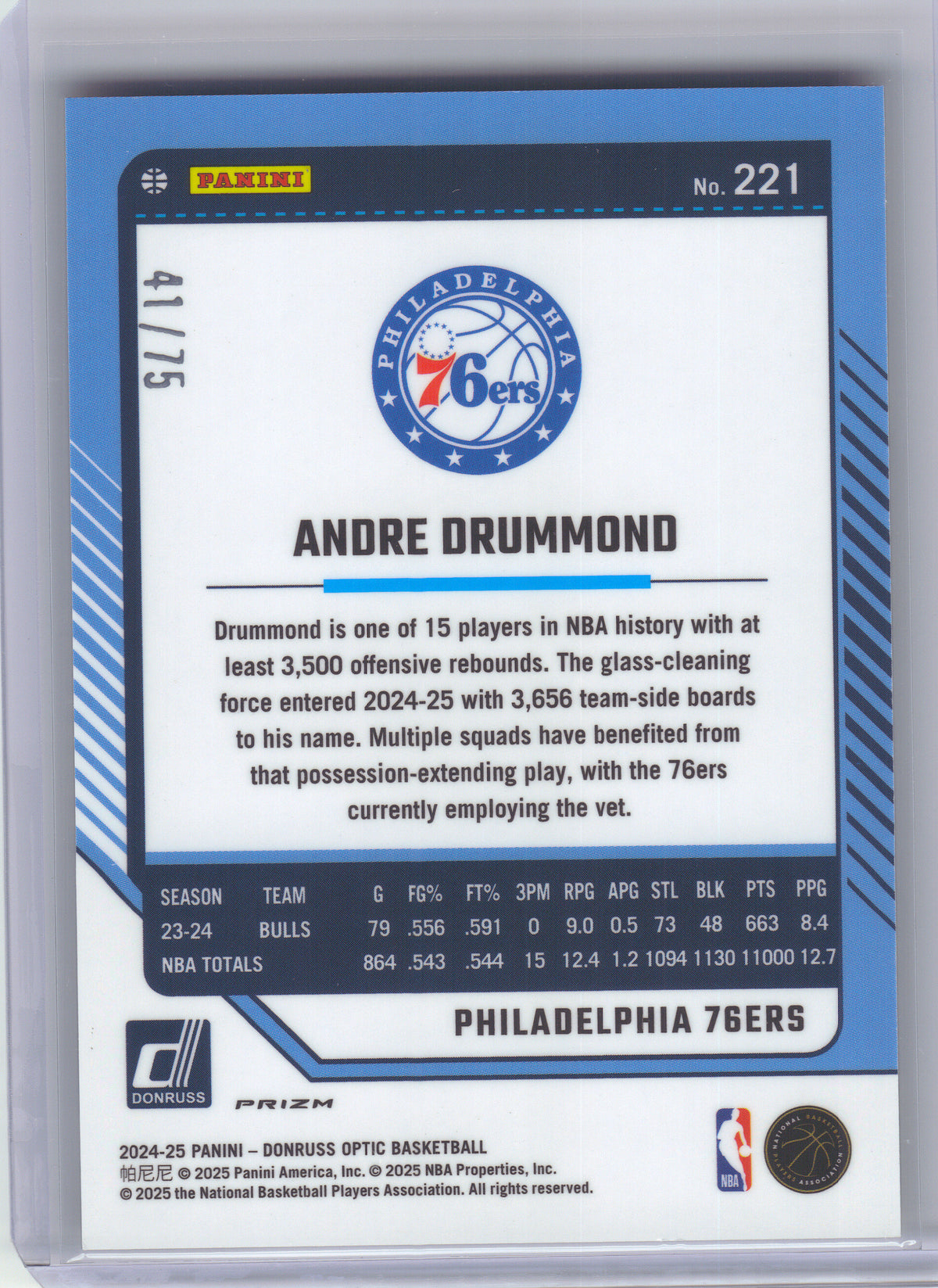 2024-25 Donruss Optic #221 Andre Drummond Electricity International #/75 Philadelphia 76ers SN