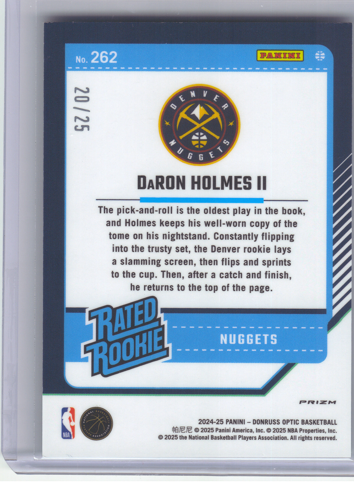 2024-25 Donruss Optic #262 DaRon Holmes II Green International #/25 Denver Nuggets SN, RC