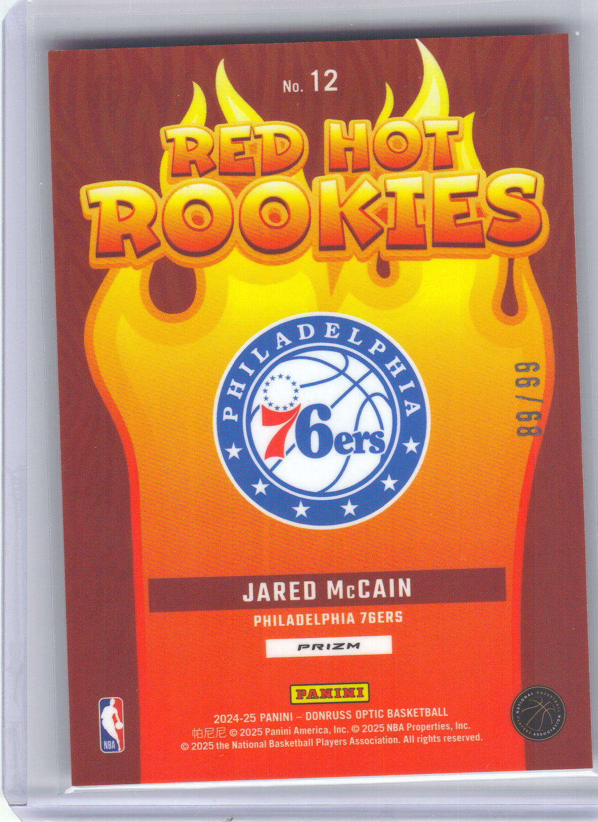 2024-25 Donruss Optic #12 Jared McCain Red Hot Rookies Red and Gold International #/99 Philadelphia 76ers SN