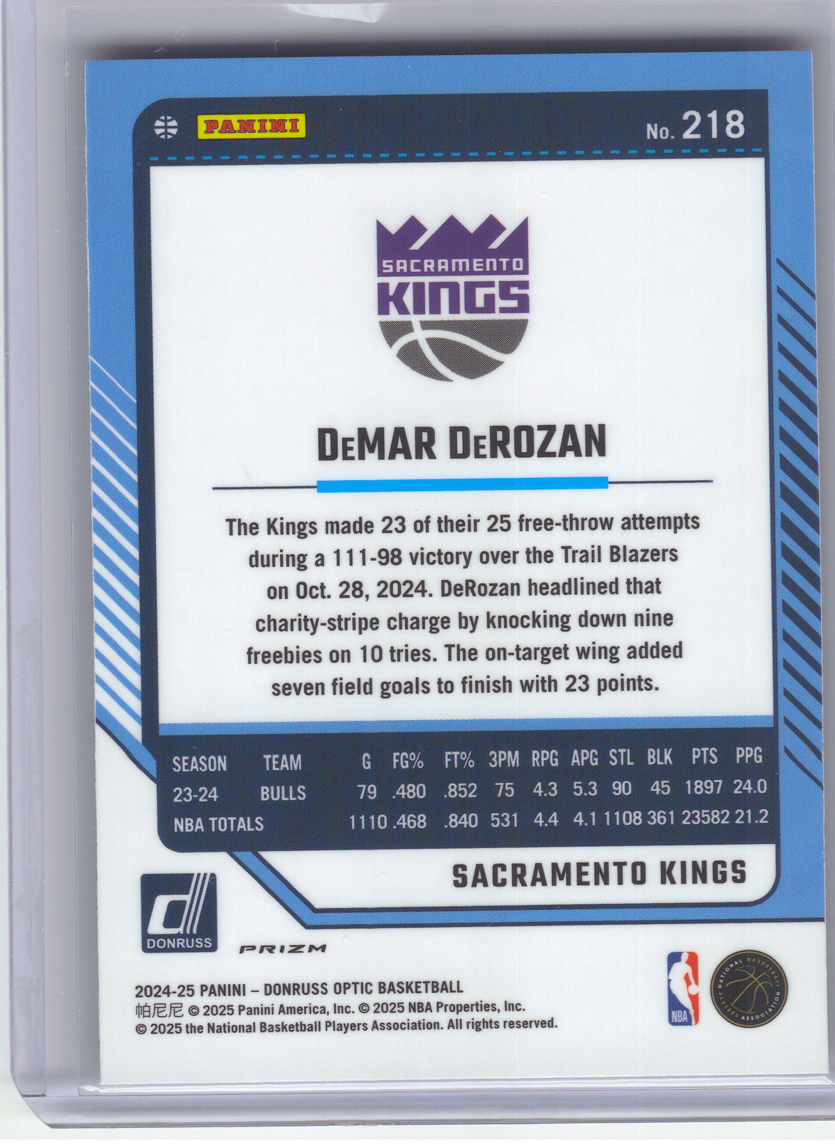 2024-25 Donruss Optic #218 DeMar DeRozan Red International Sacramento Kings