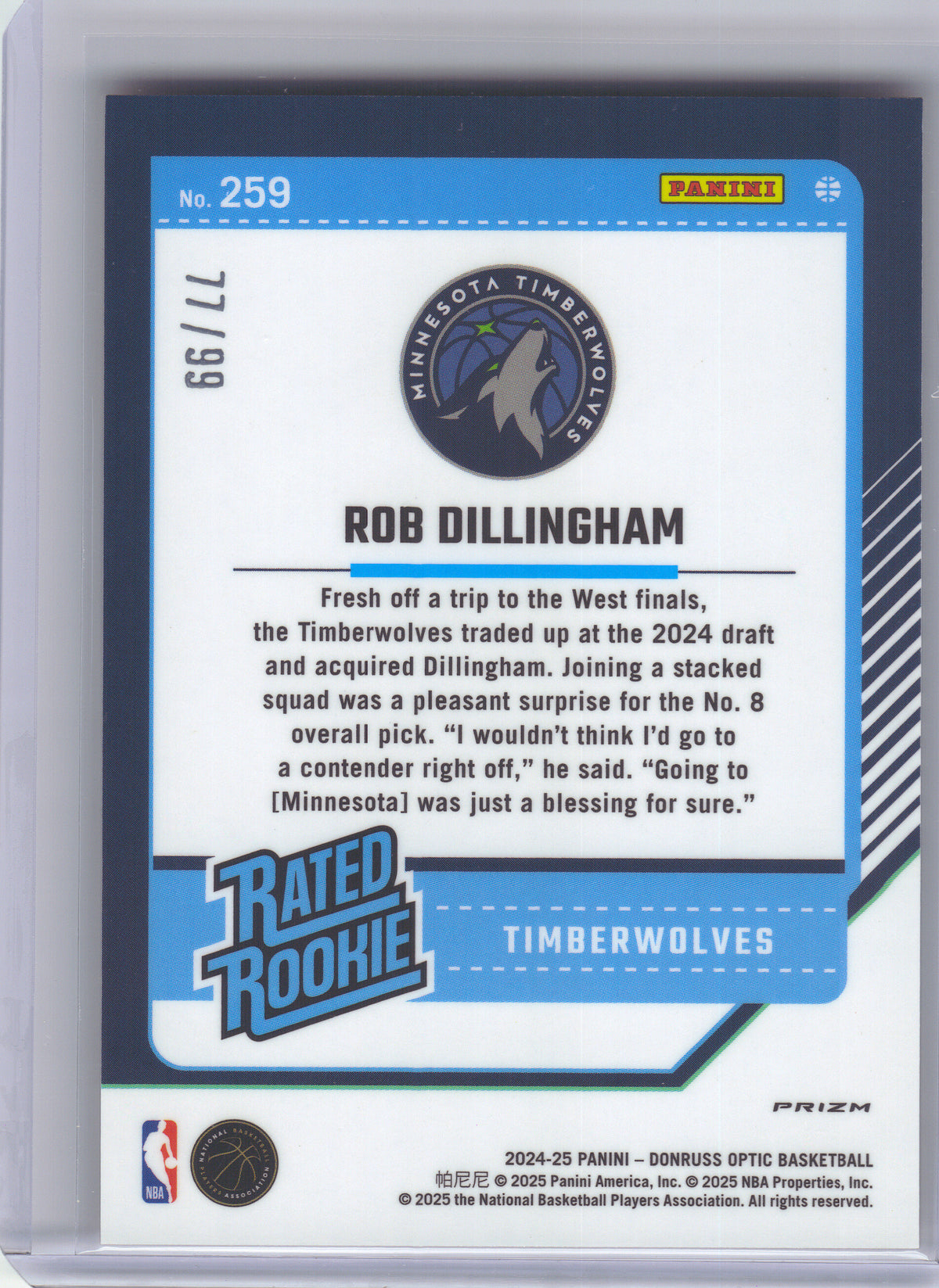 2024-25 Donruss Optic #259 Rob Dillingham Red and Gold International #/99 Minnesota Timberwolves SN, RC